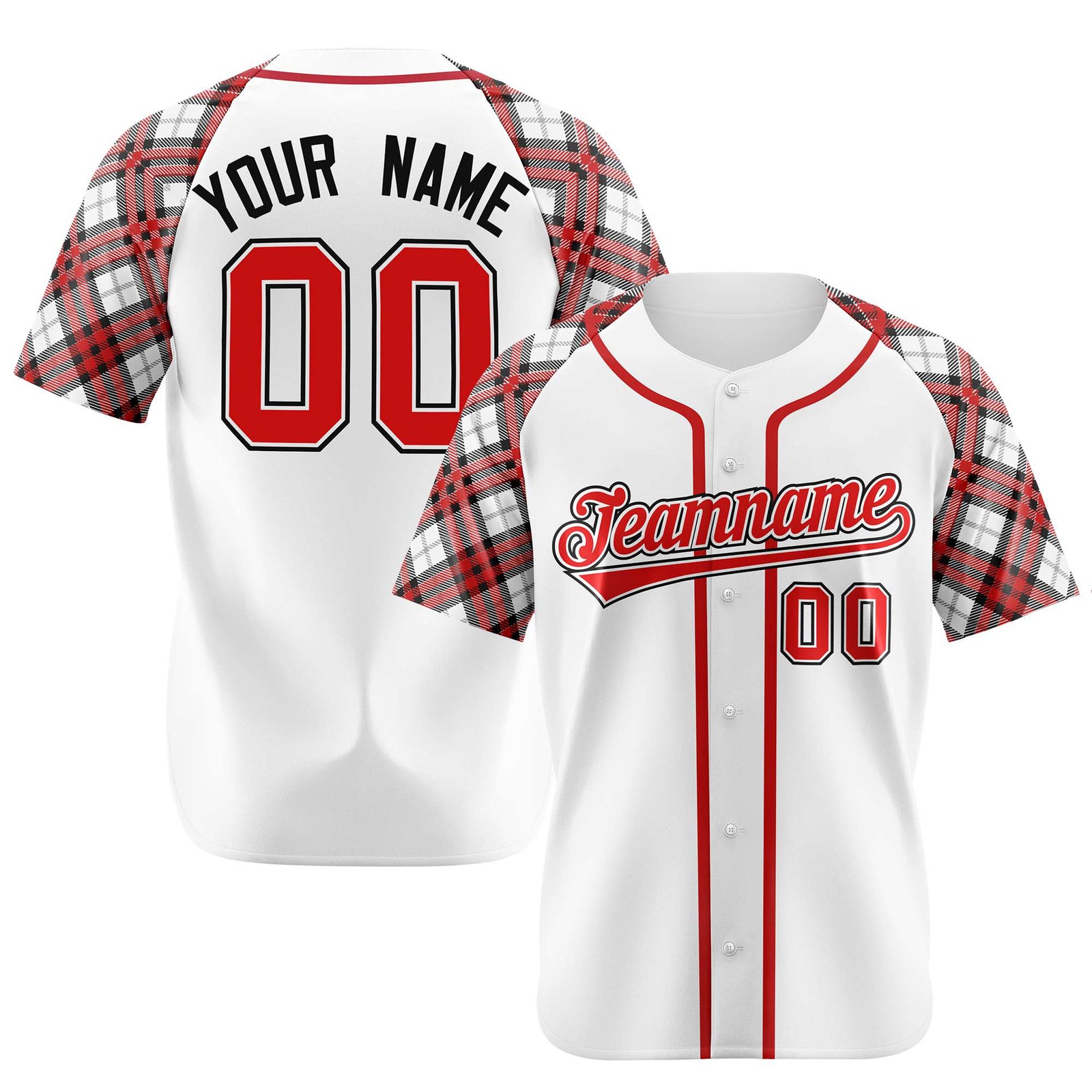 Custom White Red-Black Authentic Plaid sleeve Baseball Jersey
