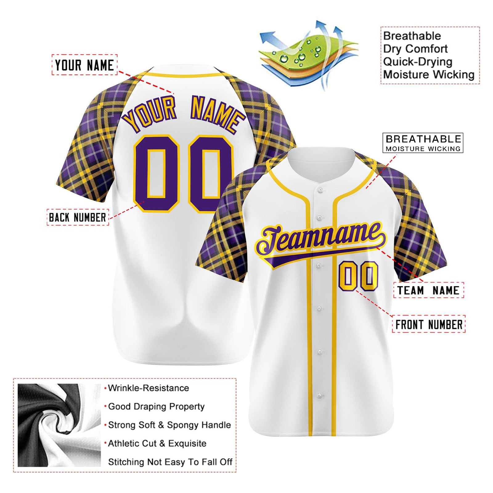 Custom White Purple-Yellow Authentic Plaid sleeve Baseball Jersey