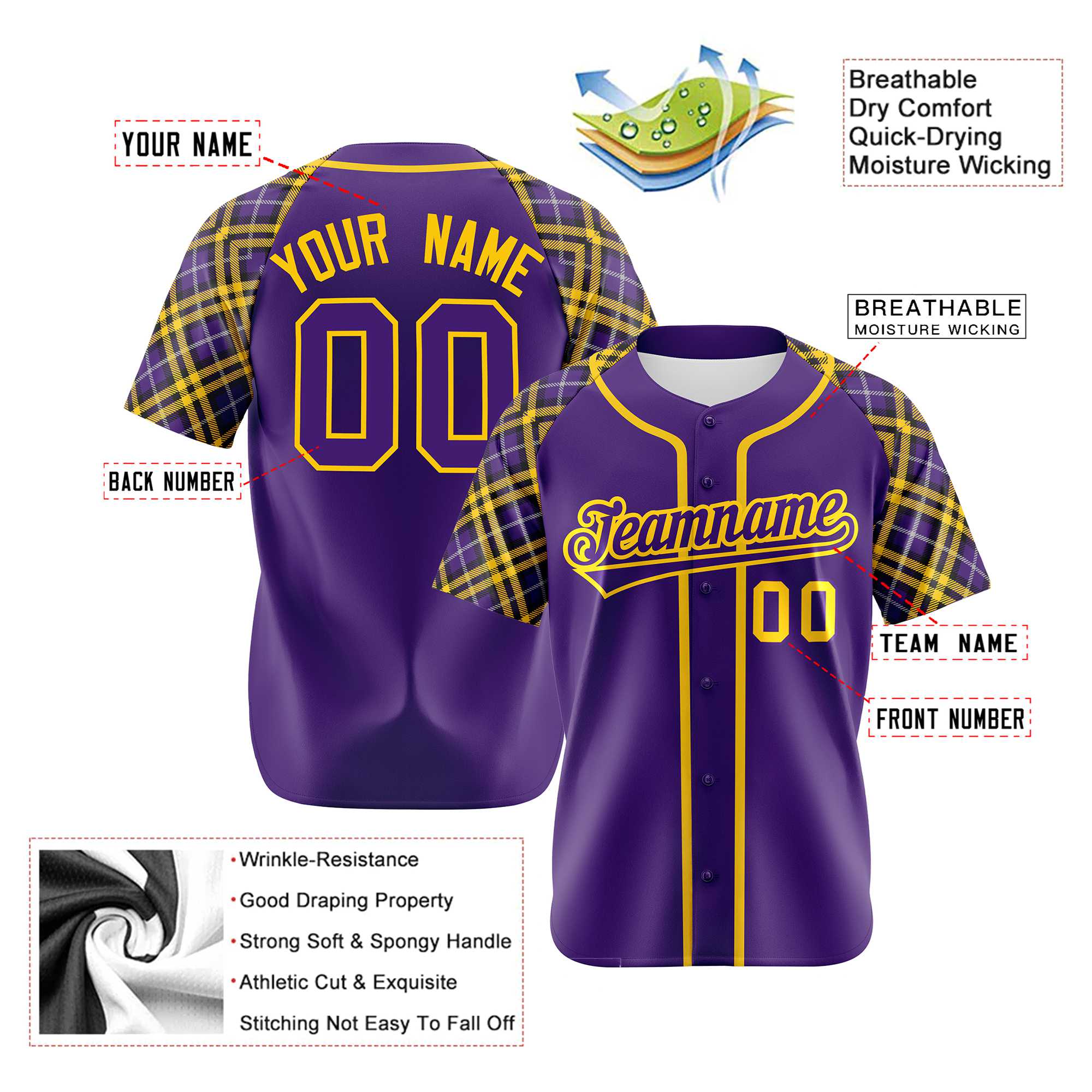 Custom Purple-Yellow Authentic Plaid sleeve Baseball Jersey