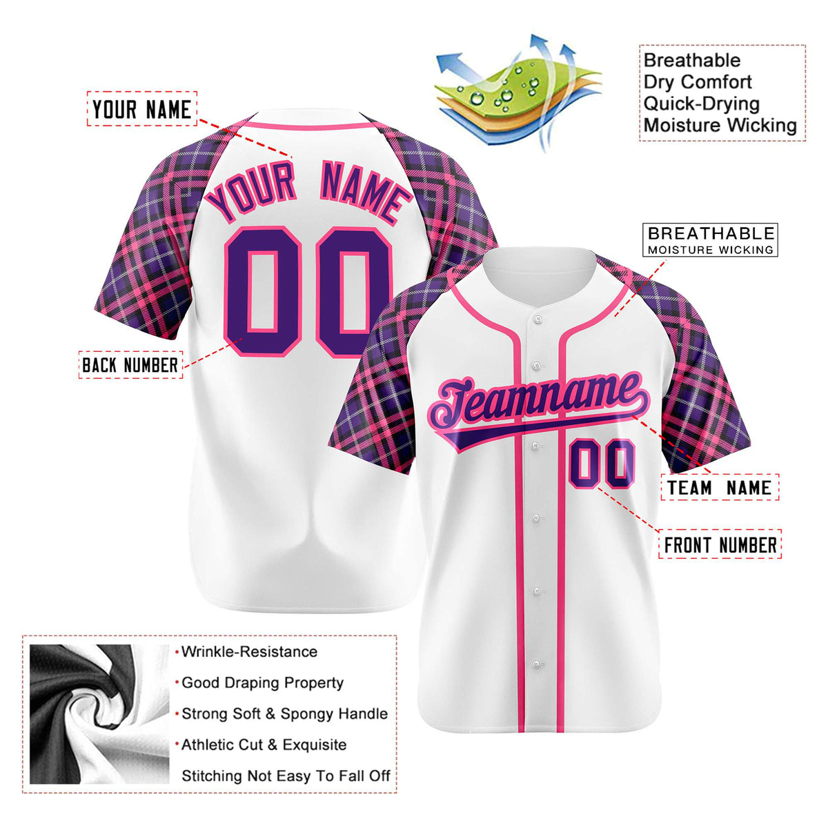 Custom White Purple-Pink Authentic Plaid sleeve Baseball Jersey