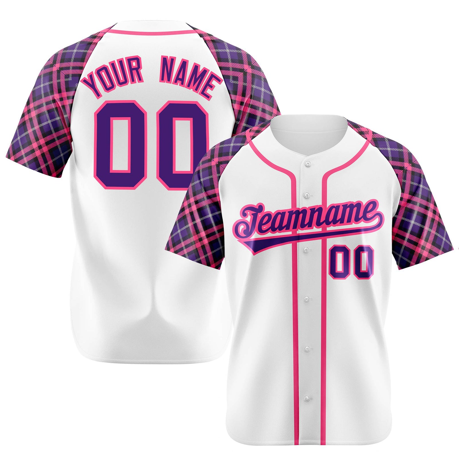 Custom White Purple-Pink Authentic Plaid sleeve Baseball Jersey