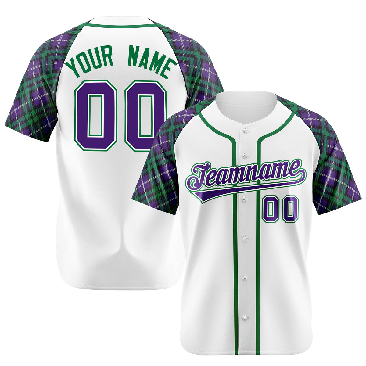 Custom White Purple-Green Authentic Plaid sleeve Baseball Jersey