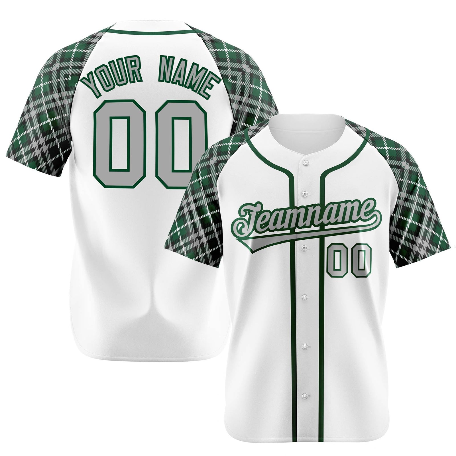 Custom White Green-Gray Authentic Plaid sleeve Baseball Jersey