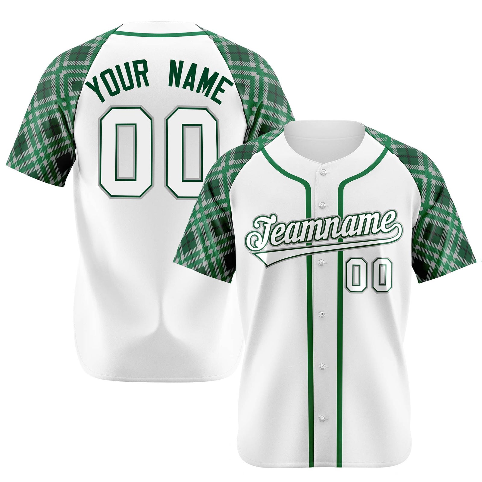 Custom White Green-White Authentic Plaid sleeve Baseball Jersey
