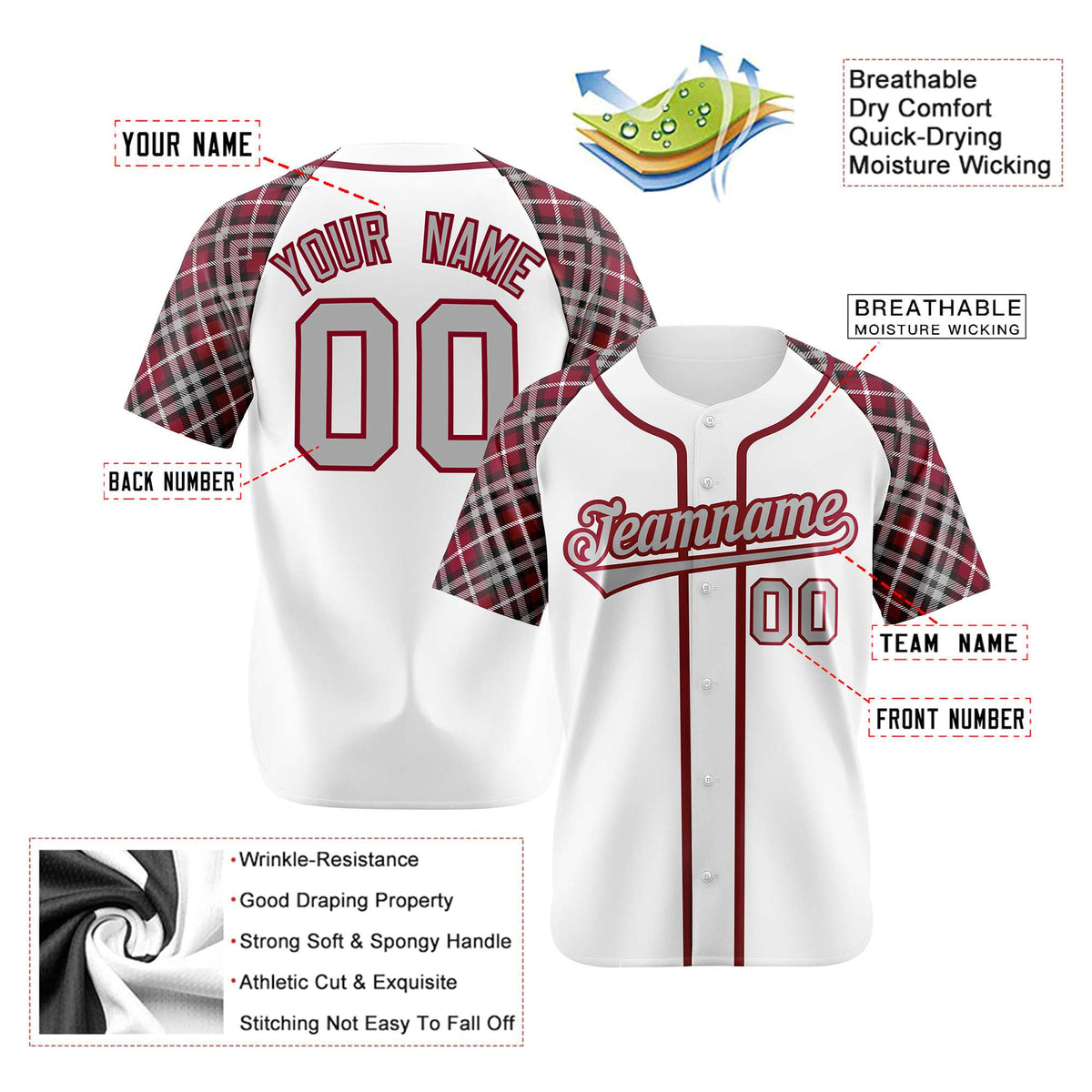 Custom White Burgundy-Gray Authentic Plaid sleeve Baseball Jersey