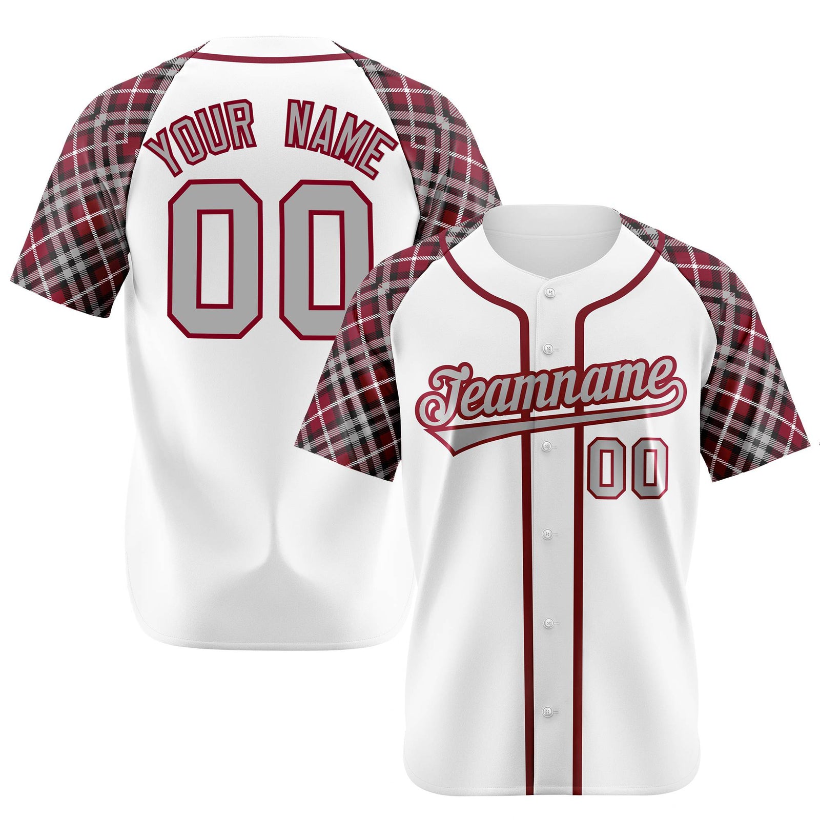 Custom White Burgundy-Gray Authentic Plaid sleeve Baseball Jersey
