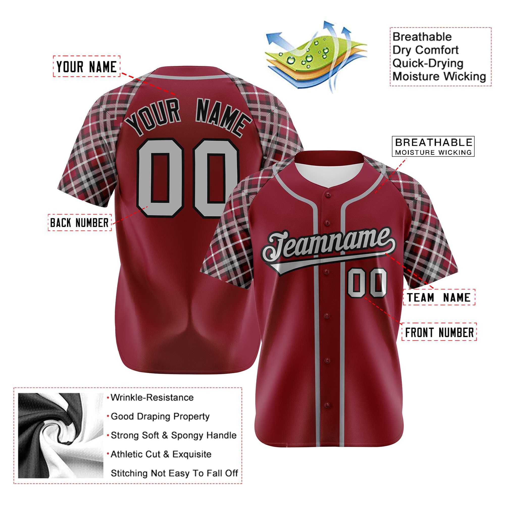 Custom Burgundy Gray-Black Authentic Plaid sleeve Baseball Jersey