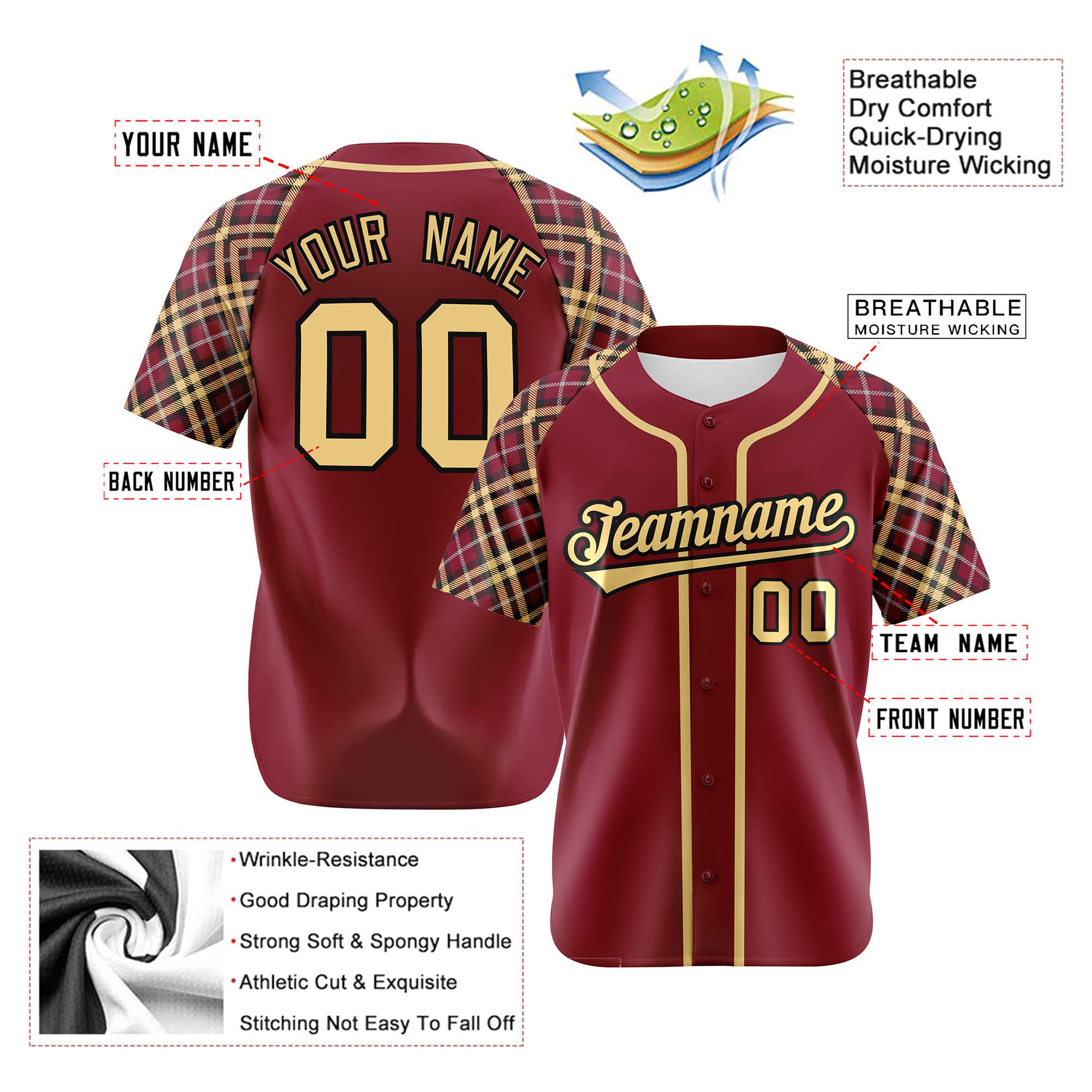 Custom Crimson Old-Gold Black-White Authentic Plaid sleeve Baseball Jersey