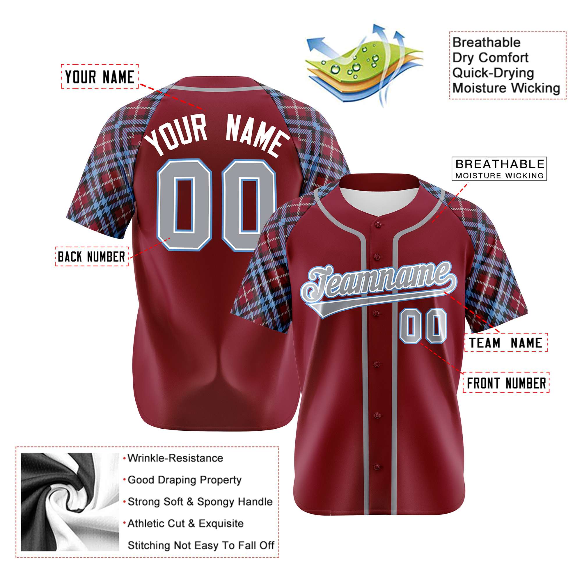 Custom Crimson Gray-White Blue Authentic Plaid sleeve Baseball Jersey