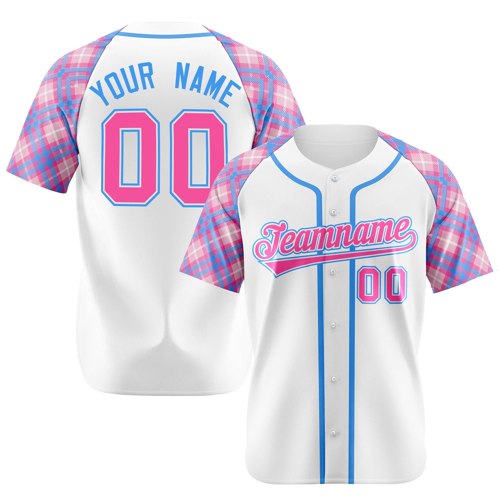 Custom White Pink-Blue Authentic Plaid sleeve Baseball Jersey