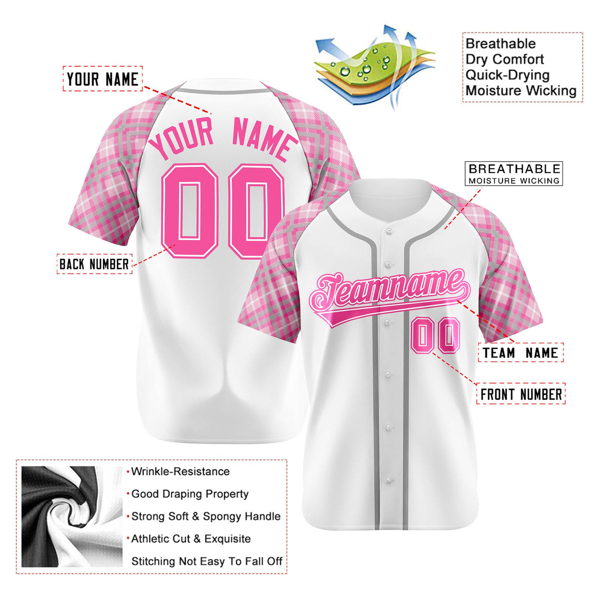 Custom White Pink-Gray Authentic Plaid sleeve Baseball Jersey