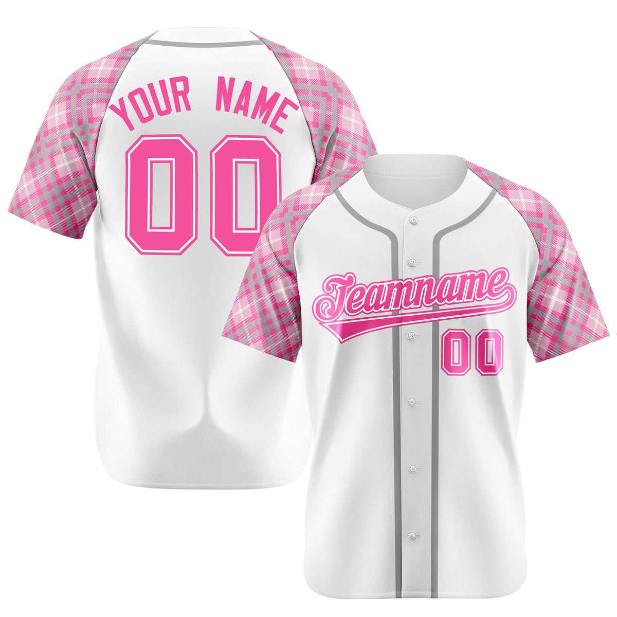 Custom White Pink-Gray Authentic Plaid sleeve Baseball Jersey