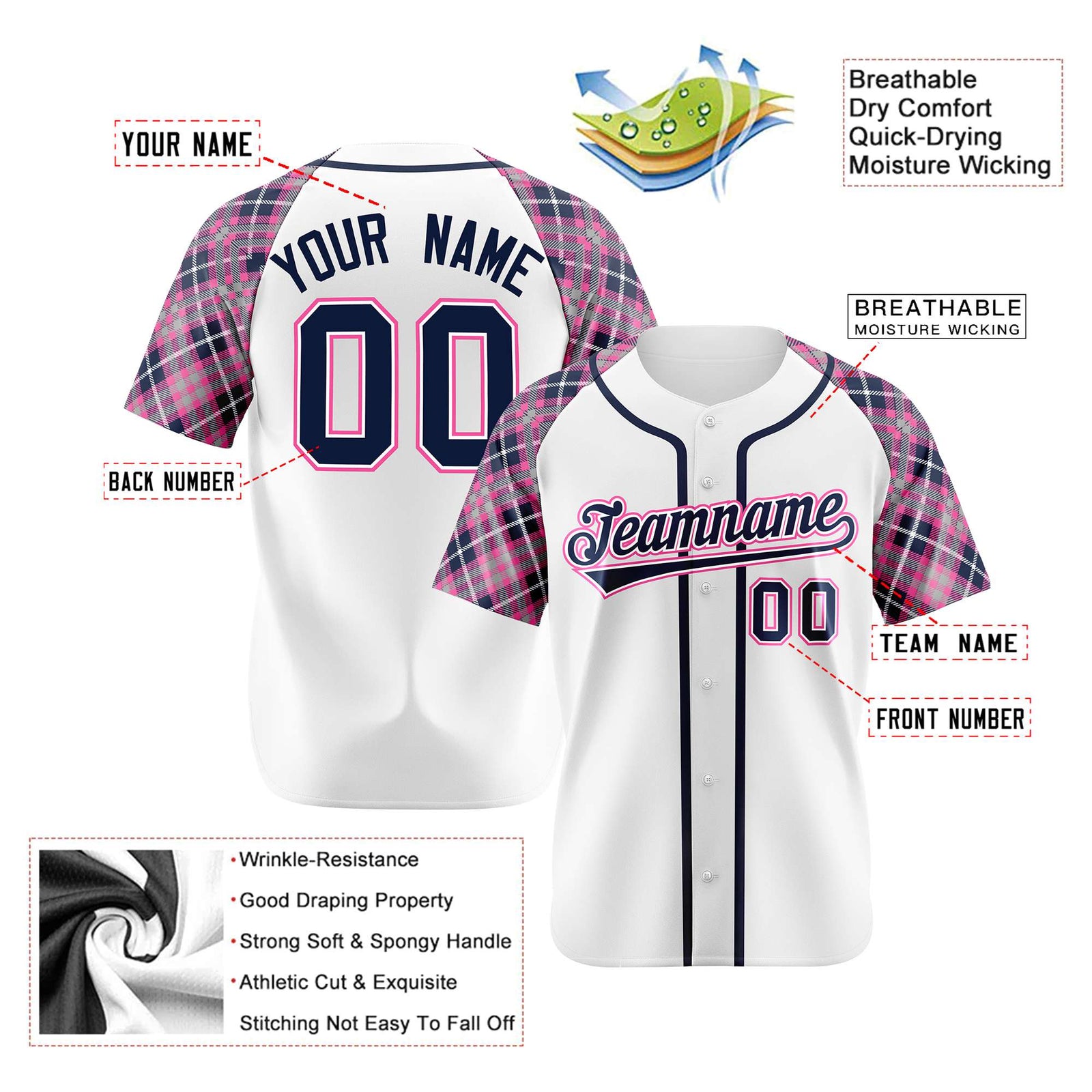 Custom White Pink-Navy Authentic Plaid sleeve Baseball Jersey