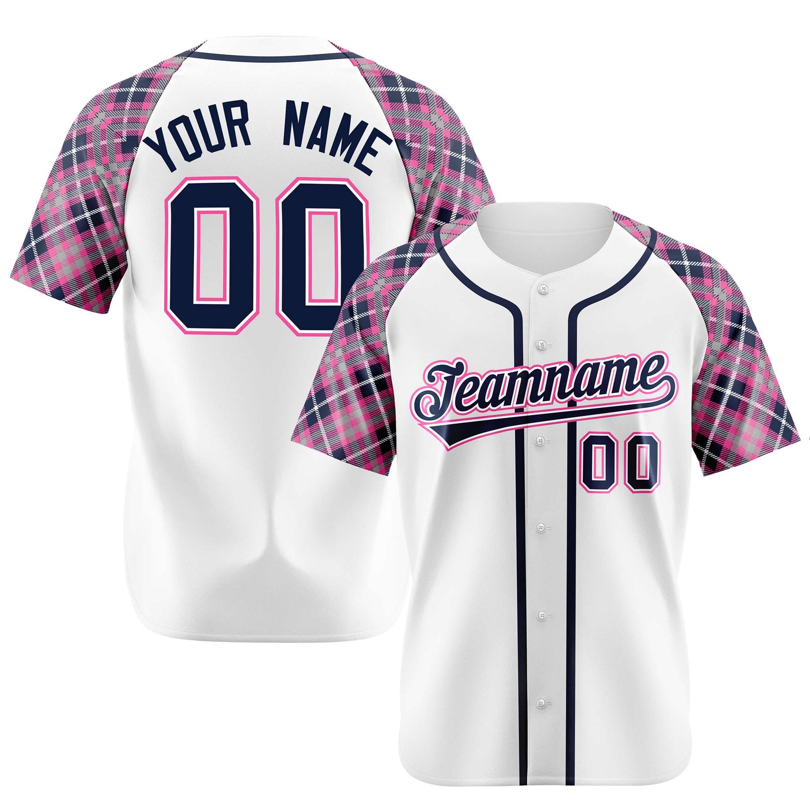 Custom White Pink-Navy Authentic Plaid sleeve Baseball Jersey