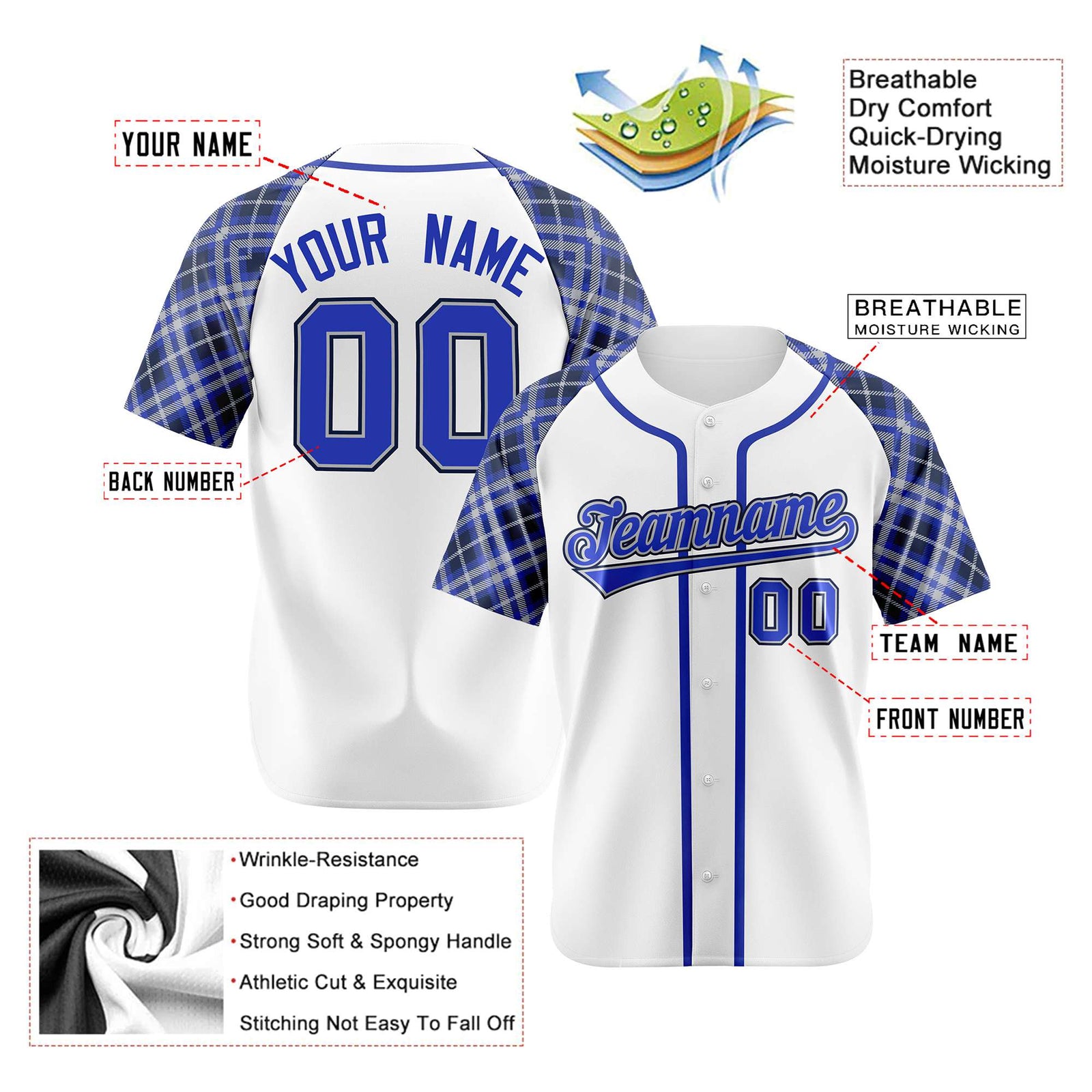 Custom White Purple-Black Authentic Plaid sleeve Baseball Jersey