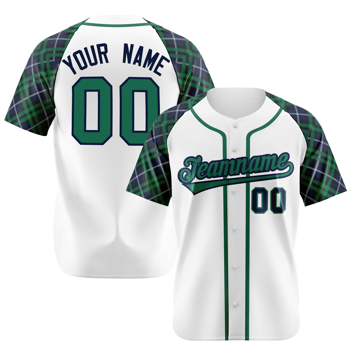 Custom White Green-Navy Authentic Plaid sleeve Baseball Jersey
