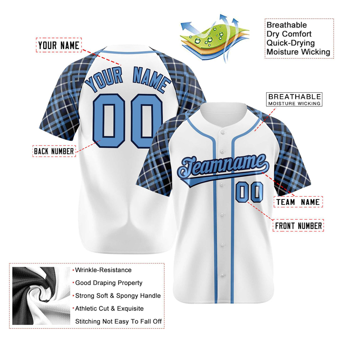 Custom White Blue-Navy Authentic Plaid sleeve Baseball Jersey