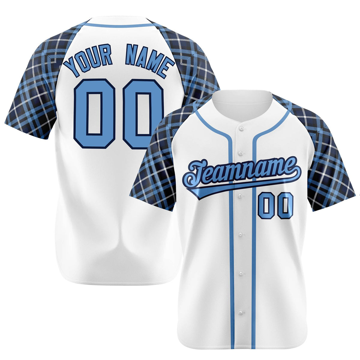 Custom White Blue-Navy Authentic Plaid sleeve Baseball Jersey