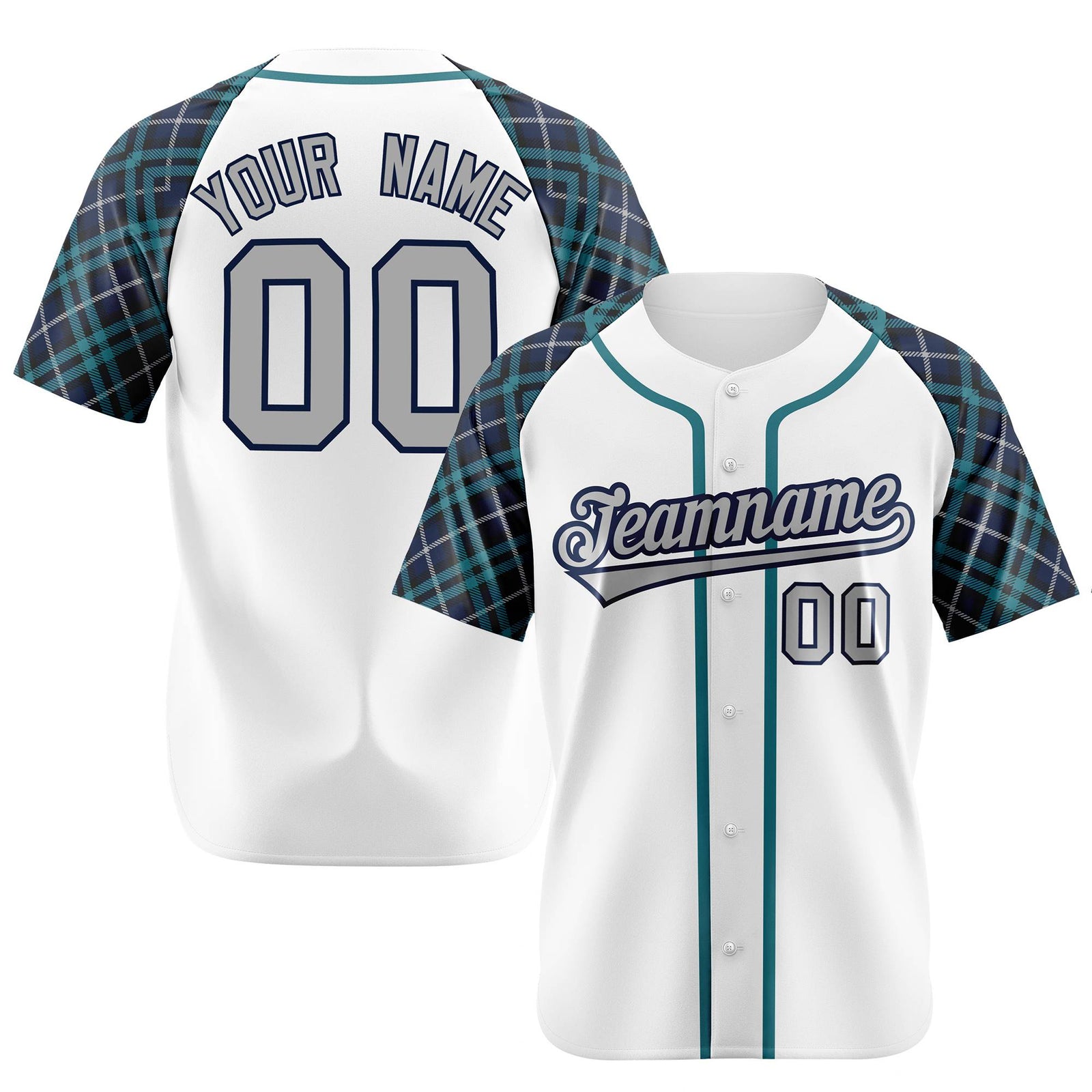 Custom White Greem-Gray Authentic Plaid sleeve Baseball Jersey