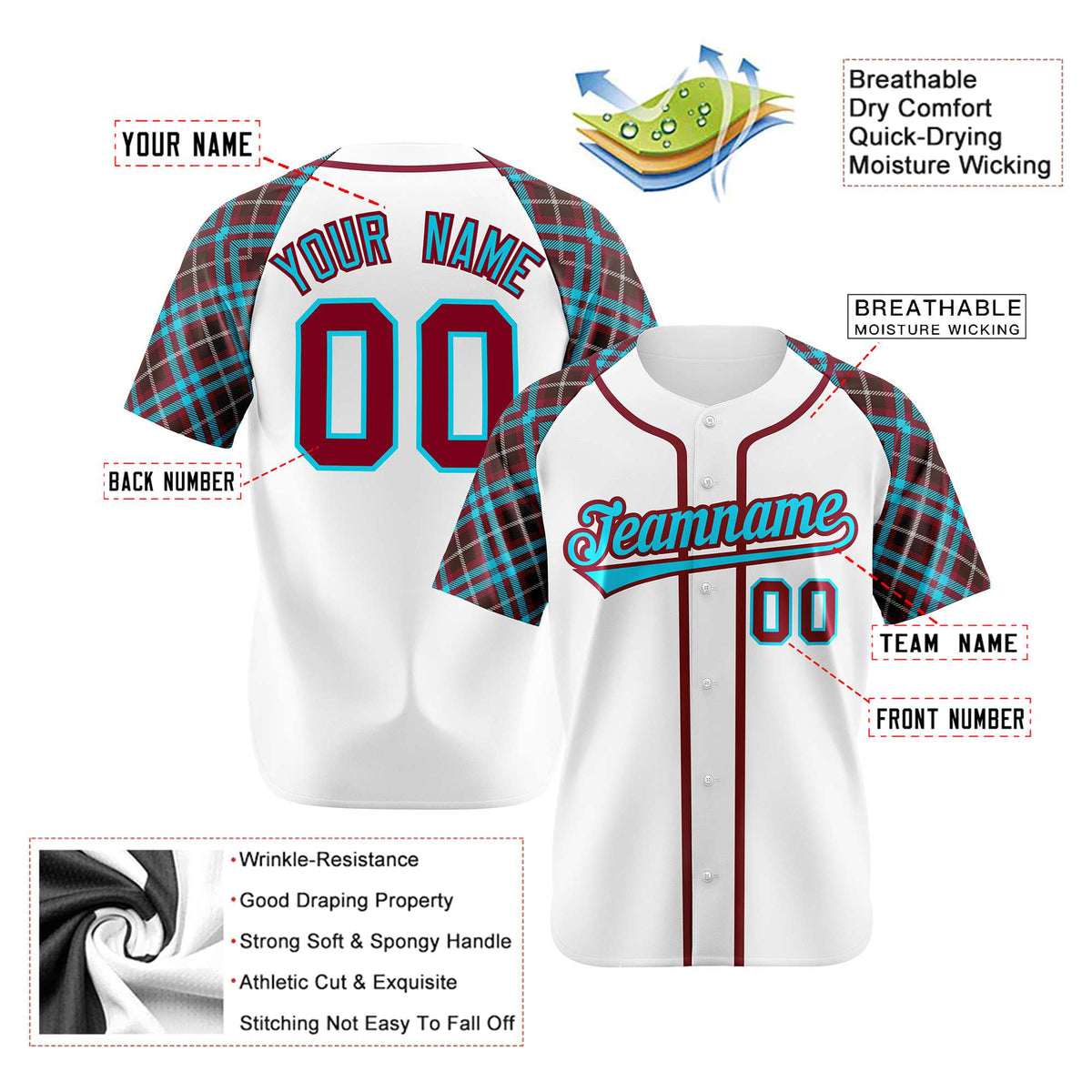 Custom White Brown-Blue Authentic Plaid sleeve Baseball Jersey
