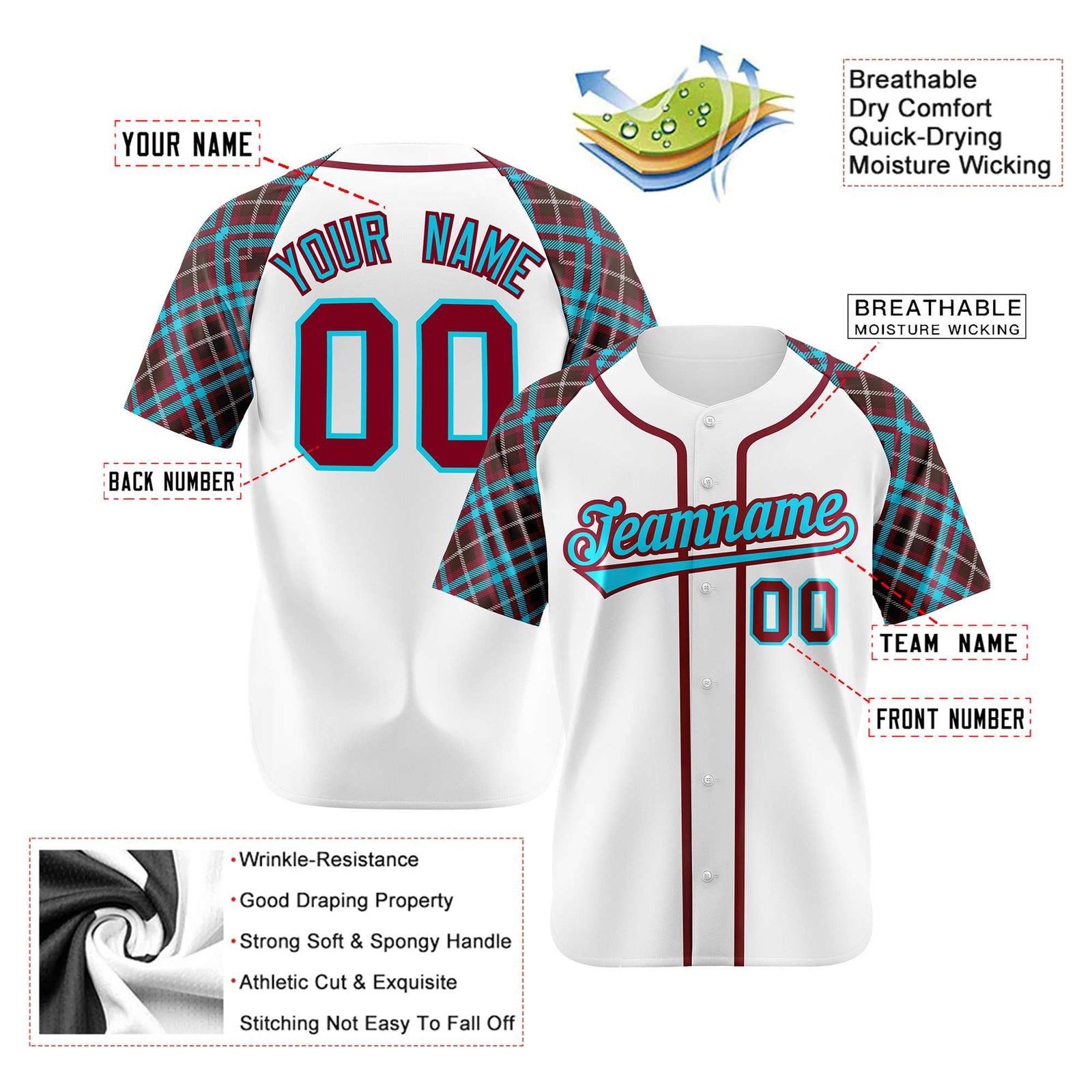 Custom White Brown-Blue Authentic Plaid sleeve Baseball Jersey