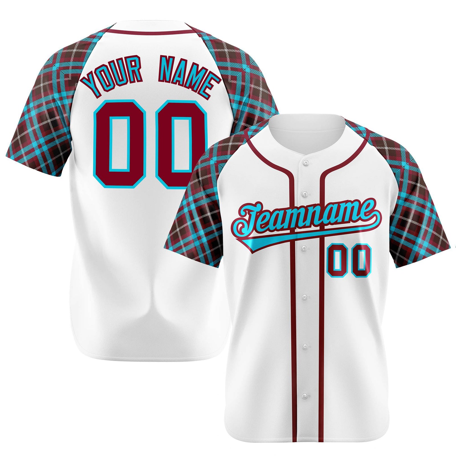 Custom White Brown-Blue Authentic Plaid sleeve Baseball Jersey