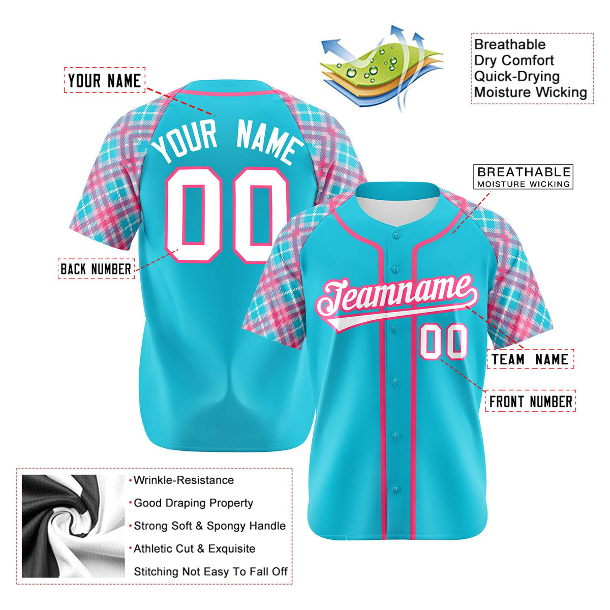 Custom Light Blue Pink-White Authentic Plaid sleeve Baseball Jersey