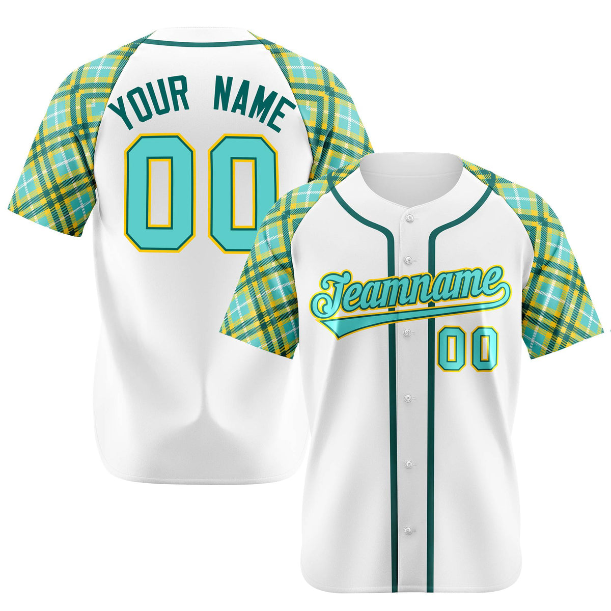 Custom White Light-Blue Yellow Authentic Plaid sleeve Baseball Jersey