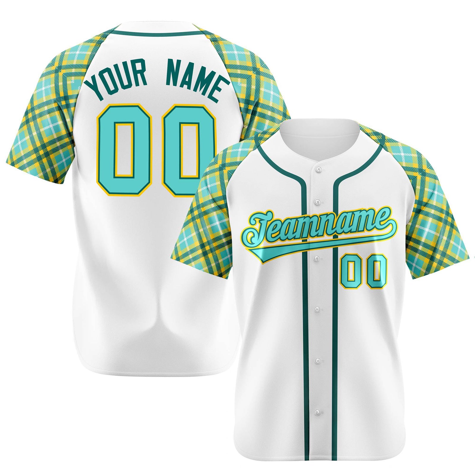 Custom White Light-Blue Yellow Authentic Plaid sleeve Baseball Jersey