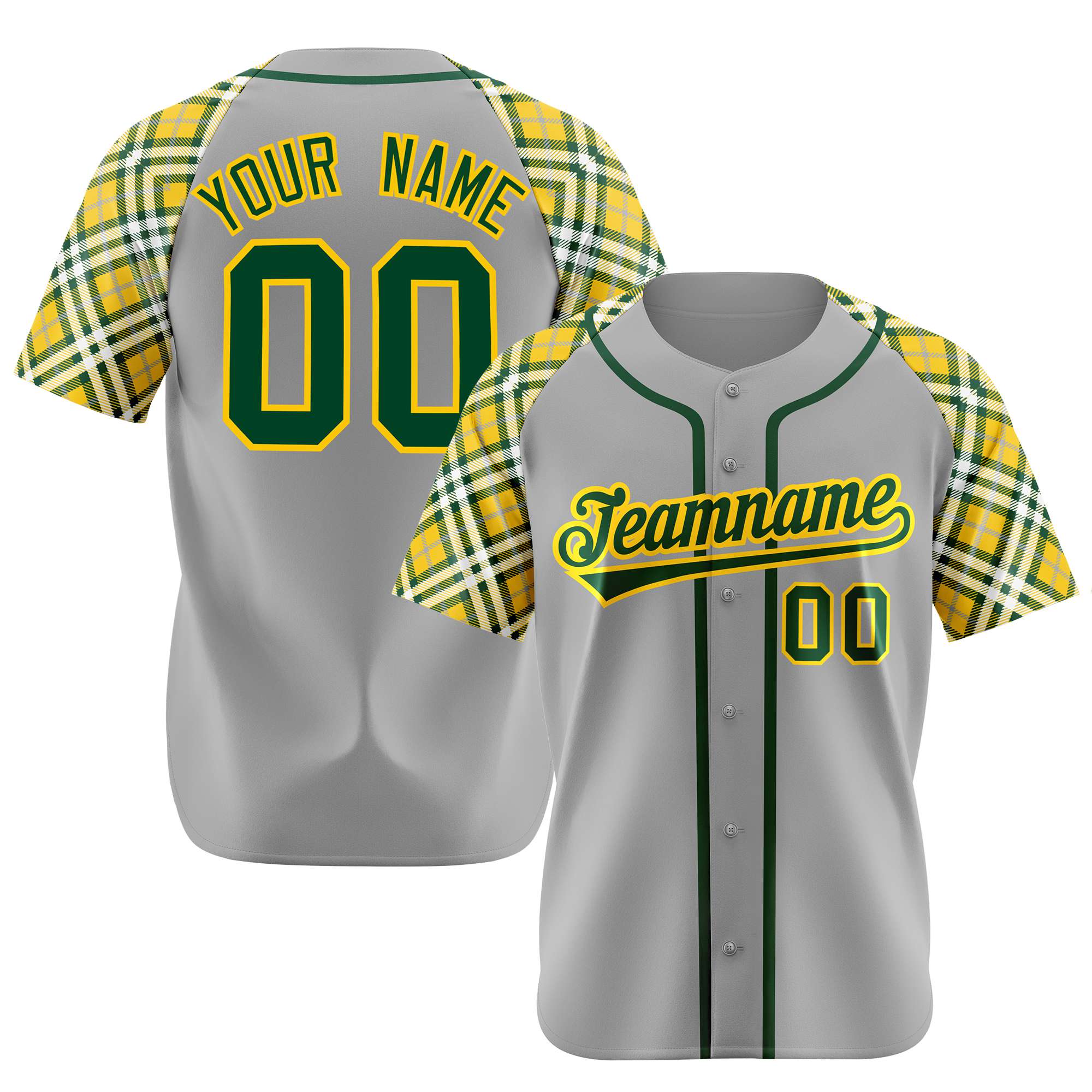 Custom Gray Yellow Kelly-Green Authentic Plaid sleeve Baseball Jersey