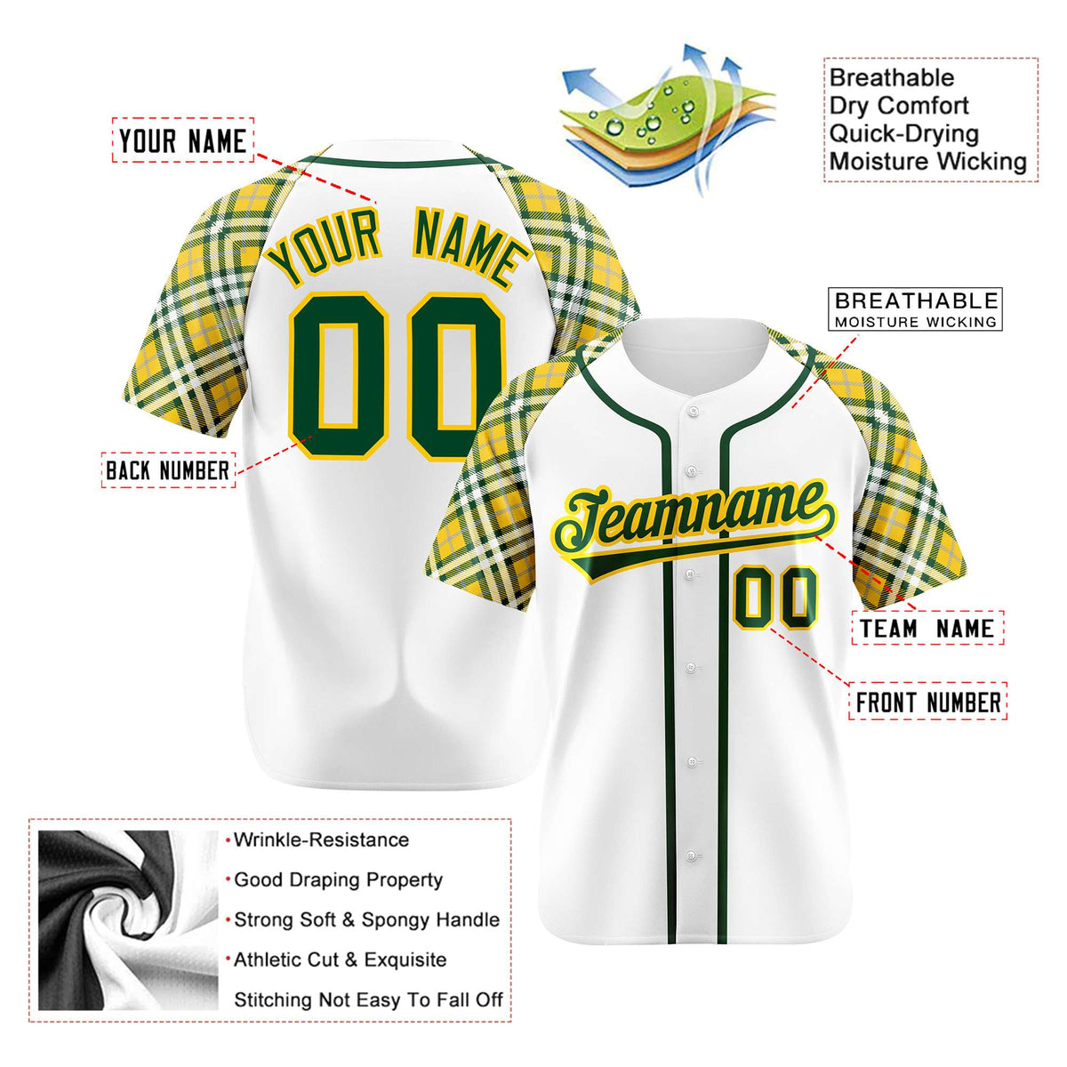 Custom White Yellow Kelly-Green Authentic Plaid sleeve Baseball Jersey