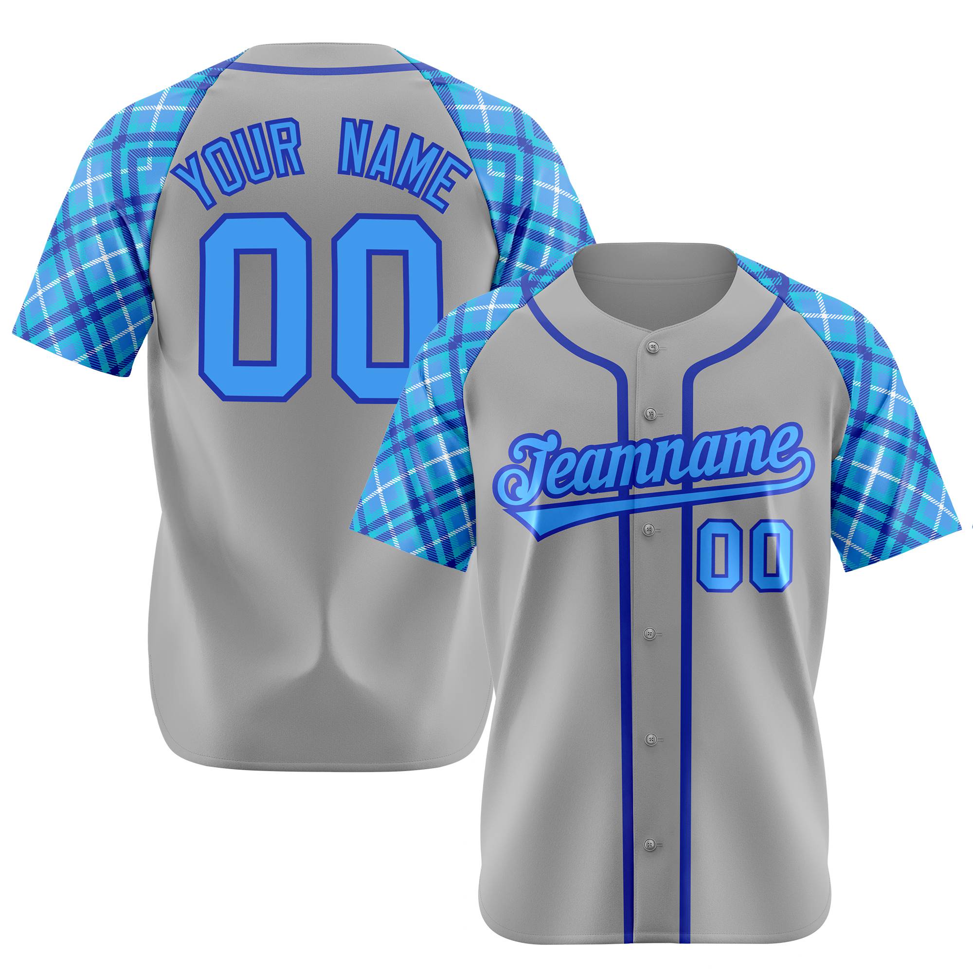 Custom Gray Blue-Purple Authentic Plaid sleeve Baseball Jersey