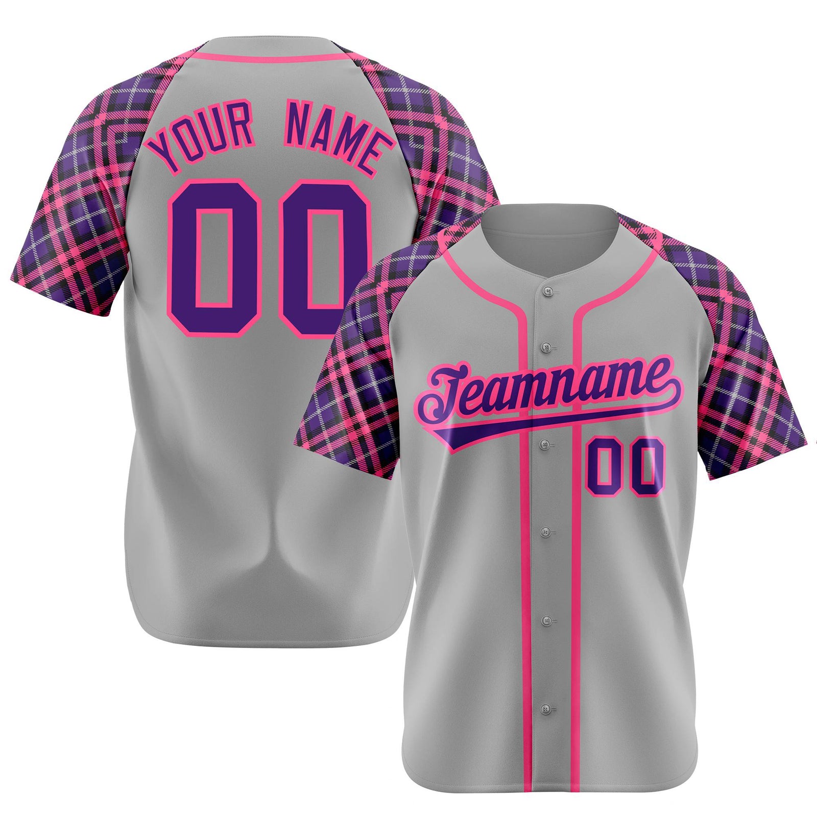 Custom Gray Pink-Purple Authentic Plaid sleeve Baseball Jersey