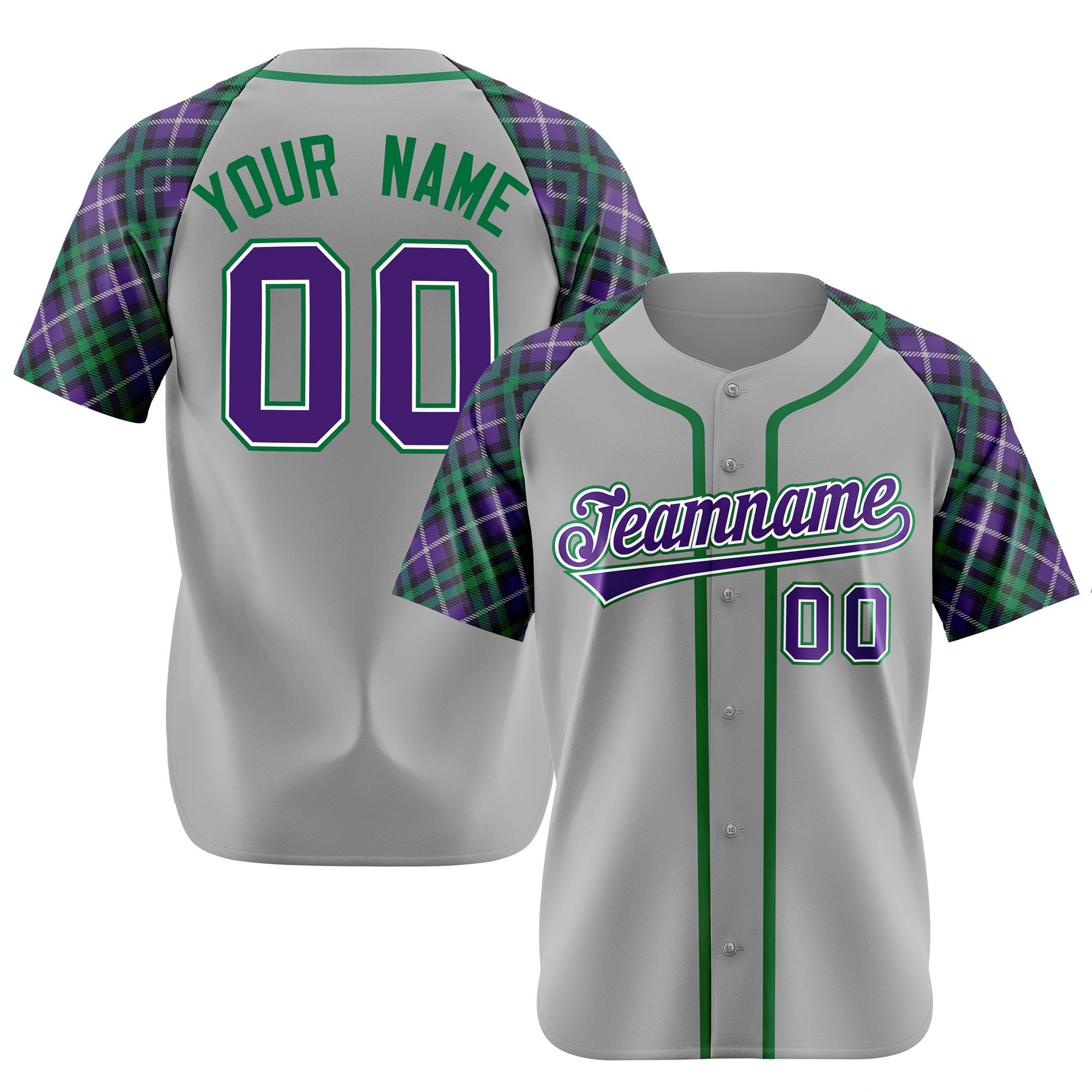 Custom Gray Purple-Green Authentic Plaid sleeve Baseball Jersey