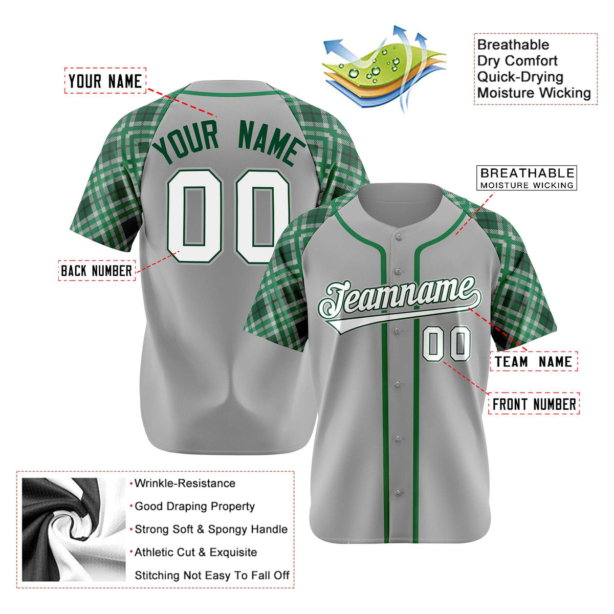 Custom Gray Green-White Authentic Plaid sleeve Baseball Jersey