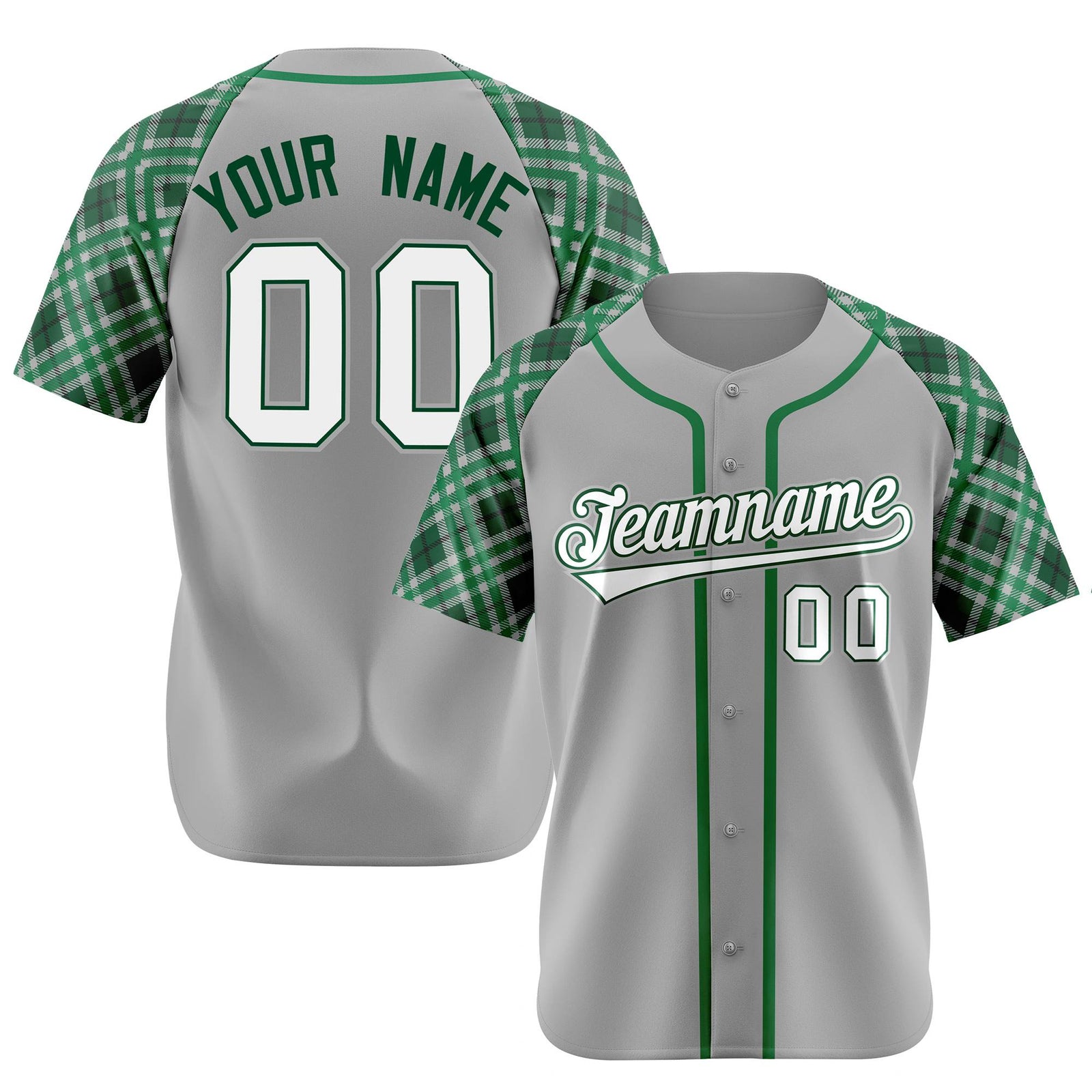 Custom Gray Green-White Authentic Plaid sleeve Baseball Jersey