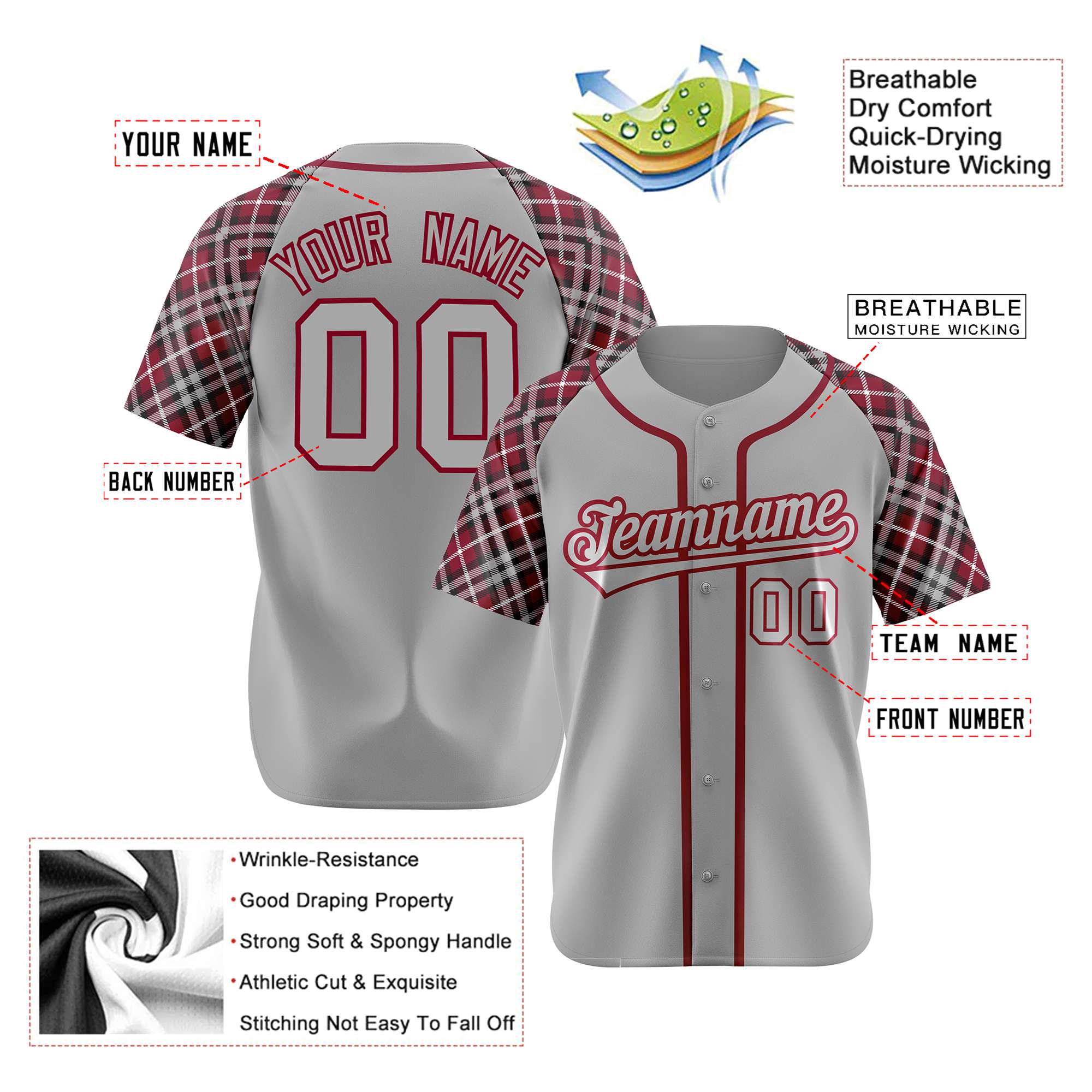 Custom Gray Red-Black Authentic Plaid sleeve Baseball Jersey