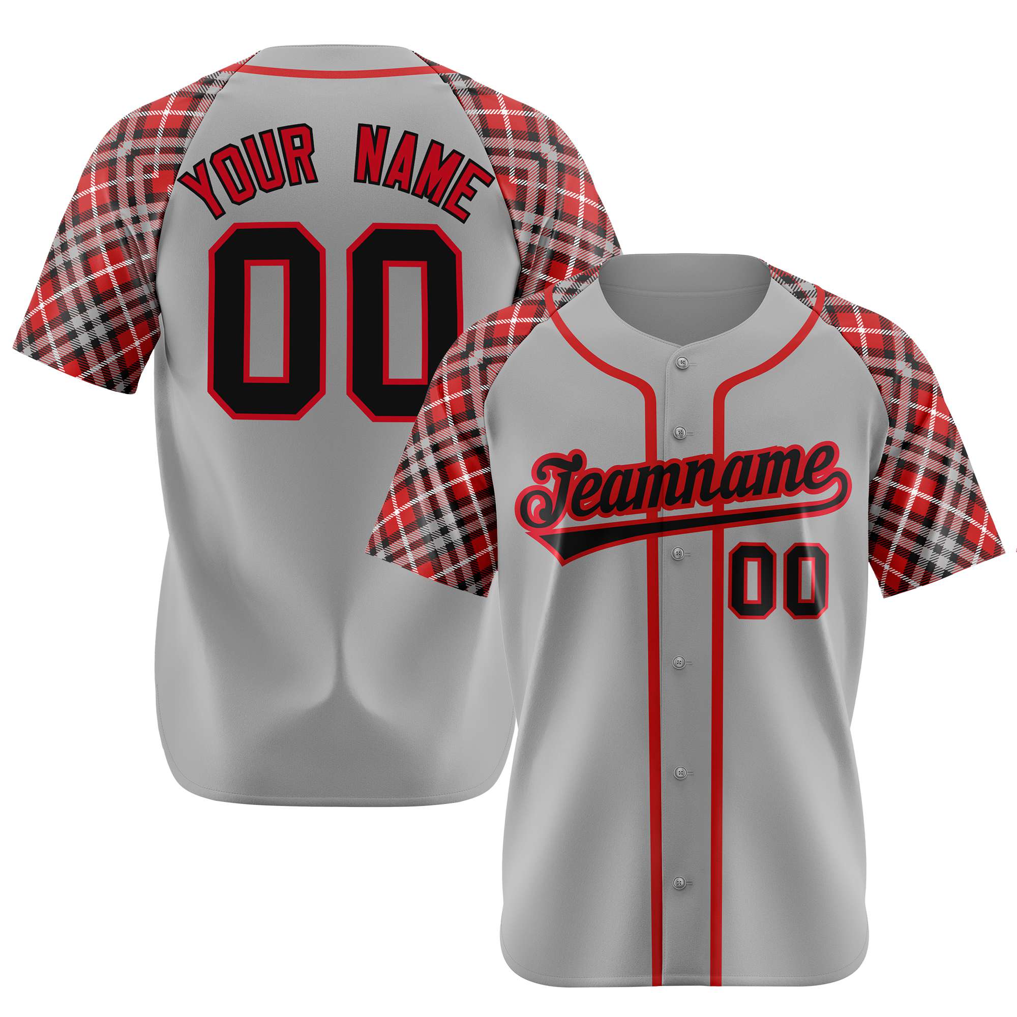 Custom Gray Fire Red Black Authentic Plaid sleeve Baseball Jersey