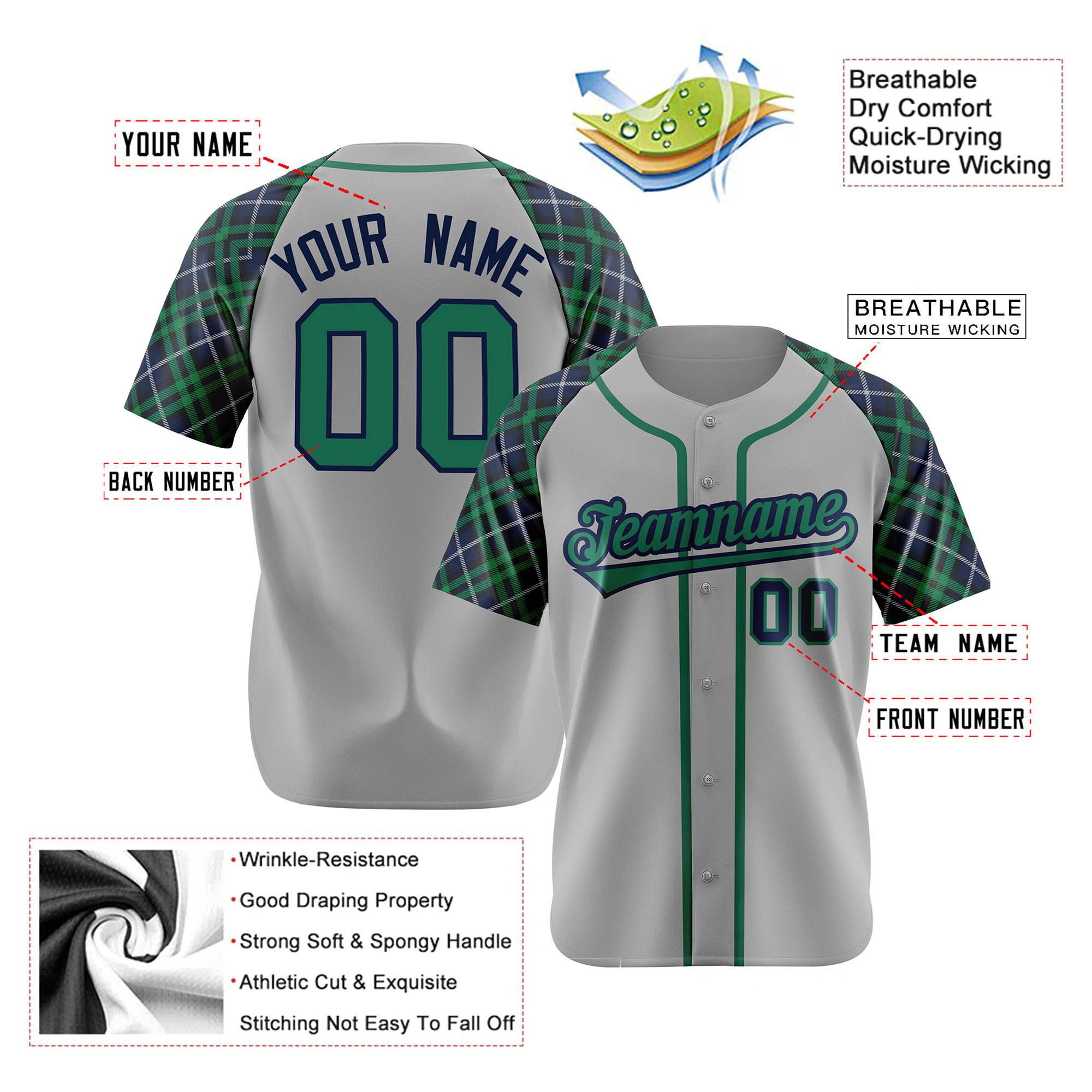 Custom Gray Green-Navy Authentic Plaid sleeve Baseball Jersey