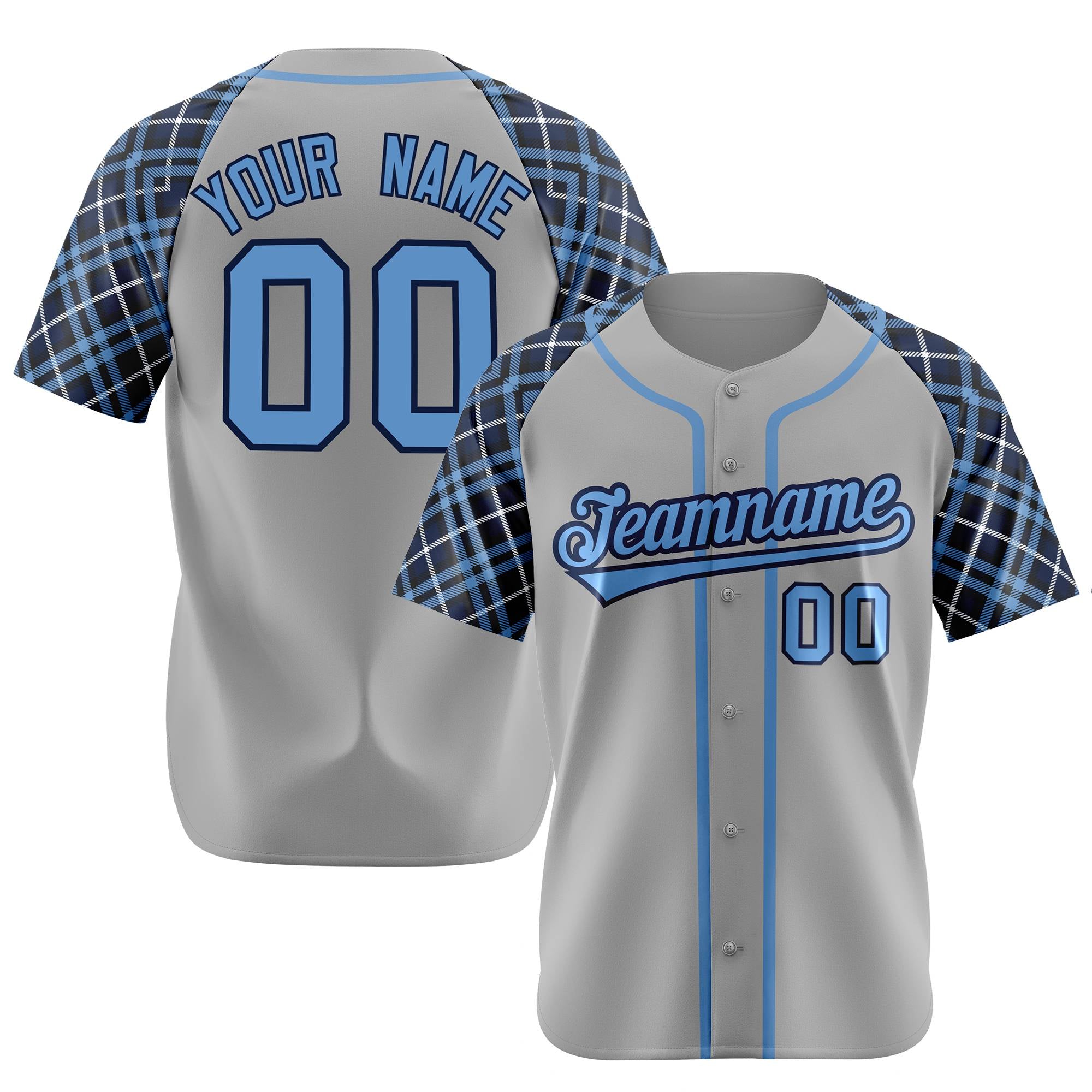 Custom Gray Blue-Navy Authentic Plaid sleeve Baseball Jersey