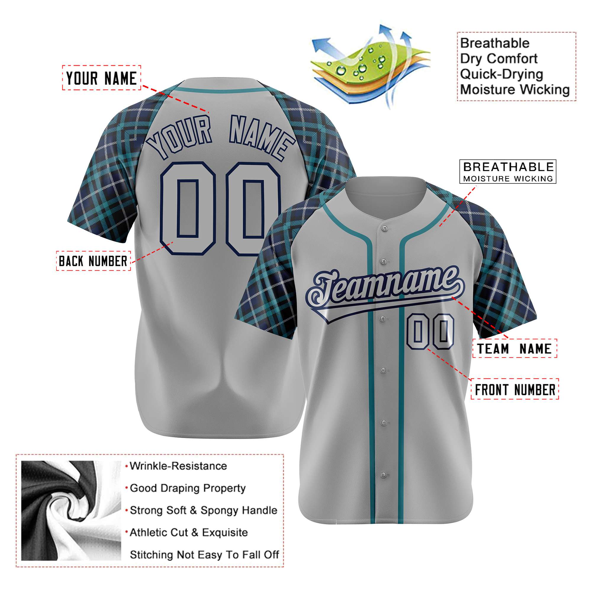 Custom Gray Green-Navy Authentic Plaid sleeve Baseball Jersey