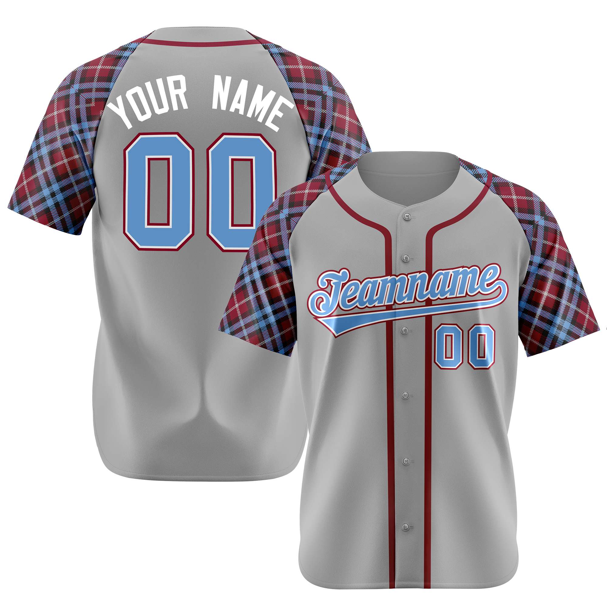 Custom Gray Blue-Red White Authentic Plaid sleeve Baseball Jersey