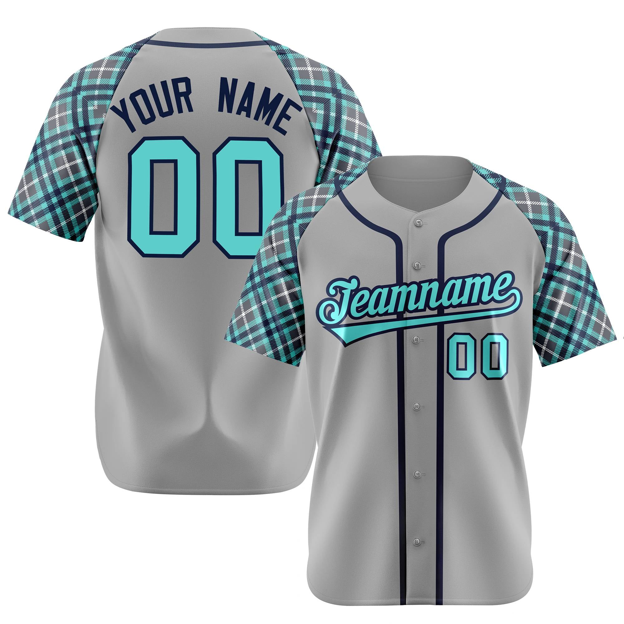 Custom Gray Blue-Navy White Authentic Plaid sleeve Baseball Jersey