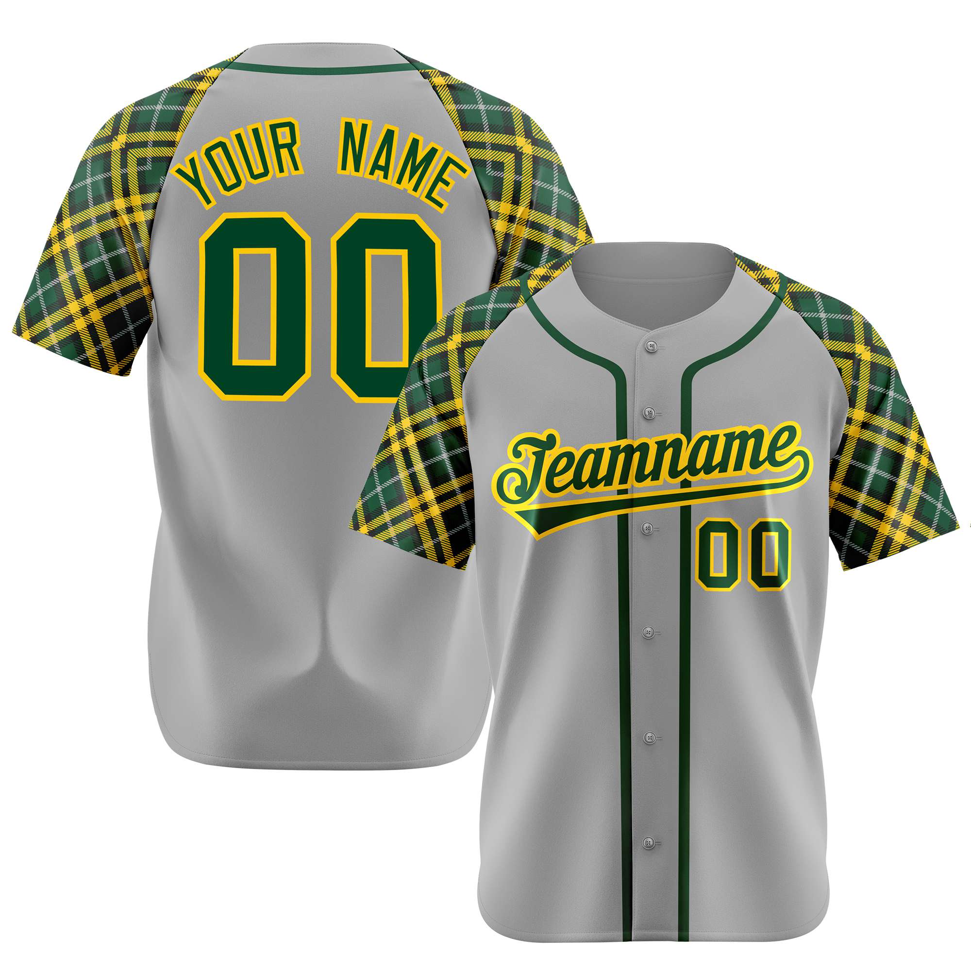 Custom Gray Green-Gold Authentic Plaid sleeve Baseball Jersey