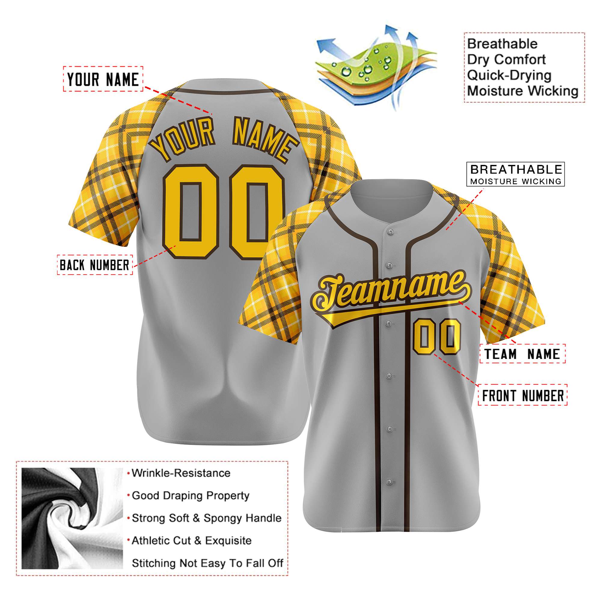 Custom Gray Yellow-Black Authentic Plaid sleeve Baseball Jersey