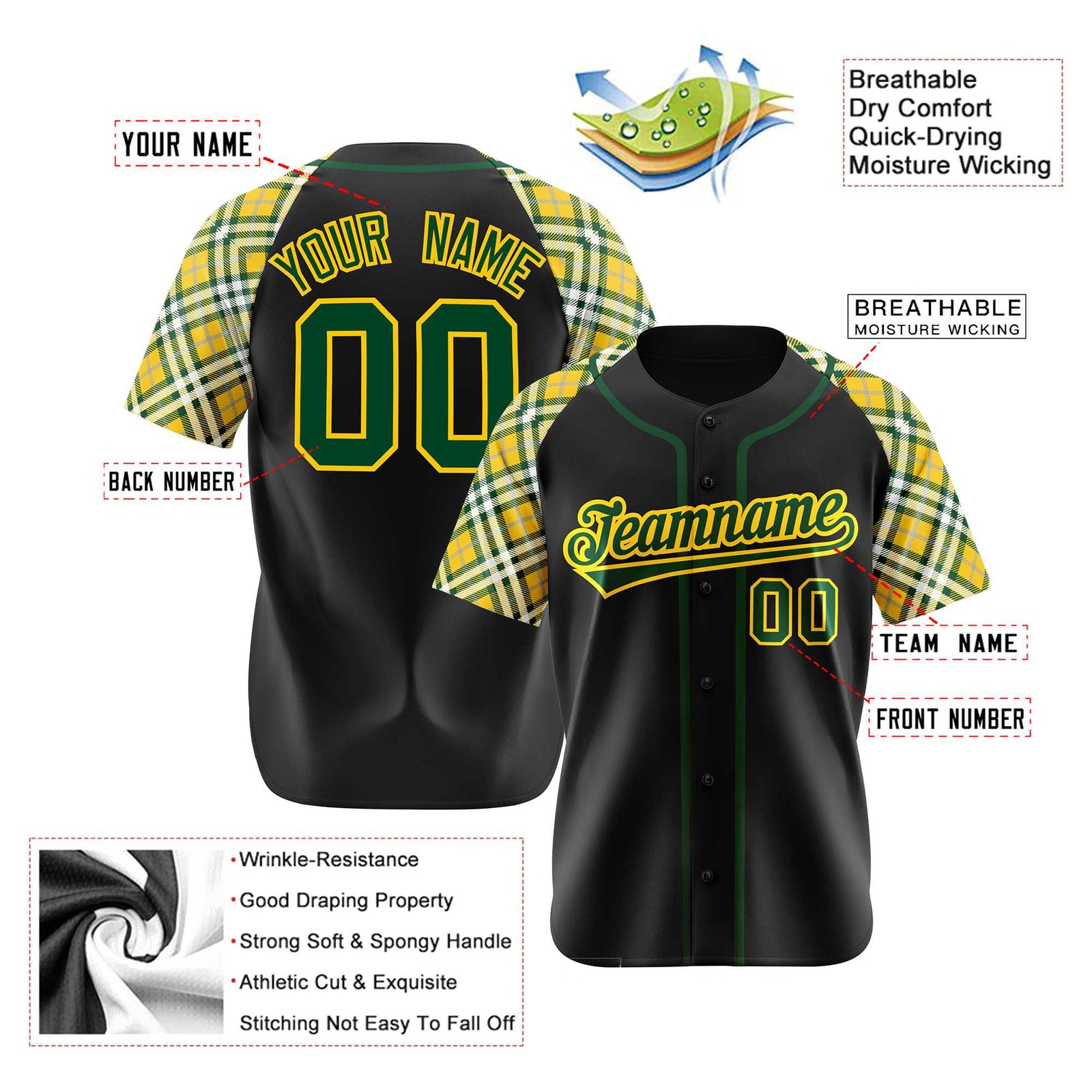 Custom Black Yellow Midnight-Green Authentic Plaid sleeve Baseball Jersey