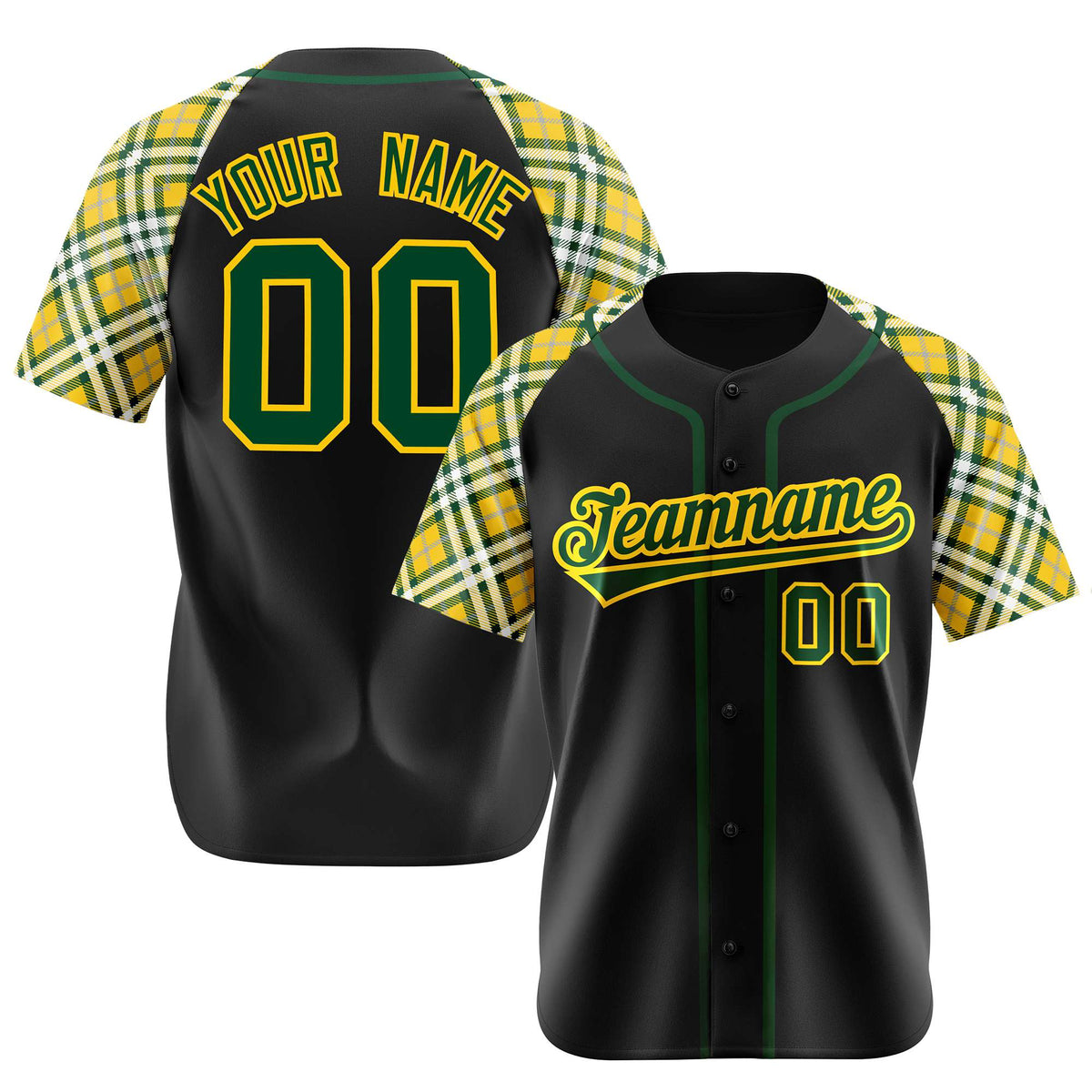 Custom Black Yellow Midnight-Green Authentic Plaid sleeve Baseball Jersey