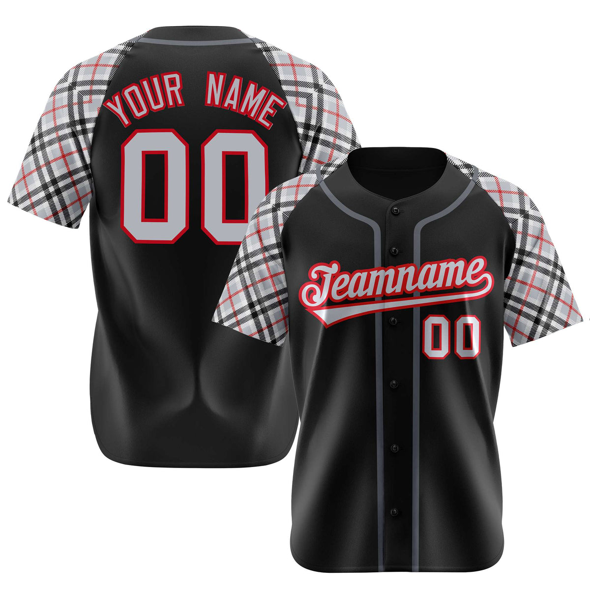 Custom Black Gray-Red Authentic Plaid sleeve Baseball Jersey
