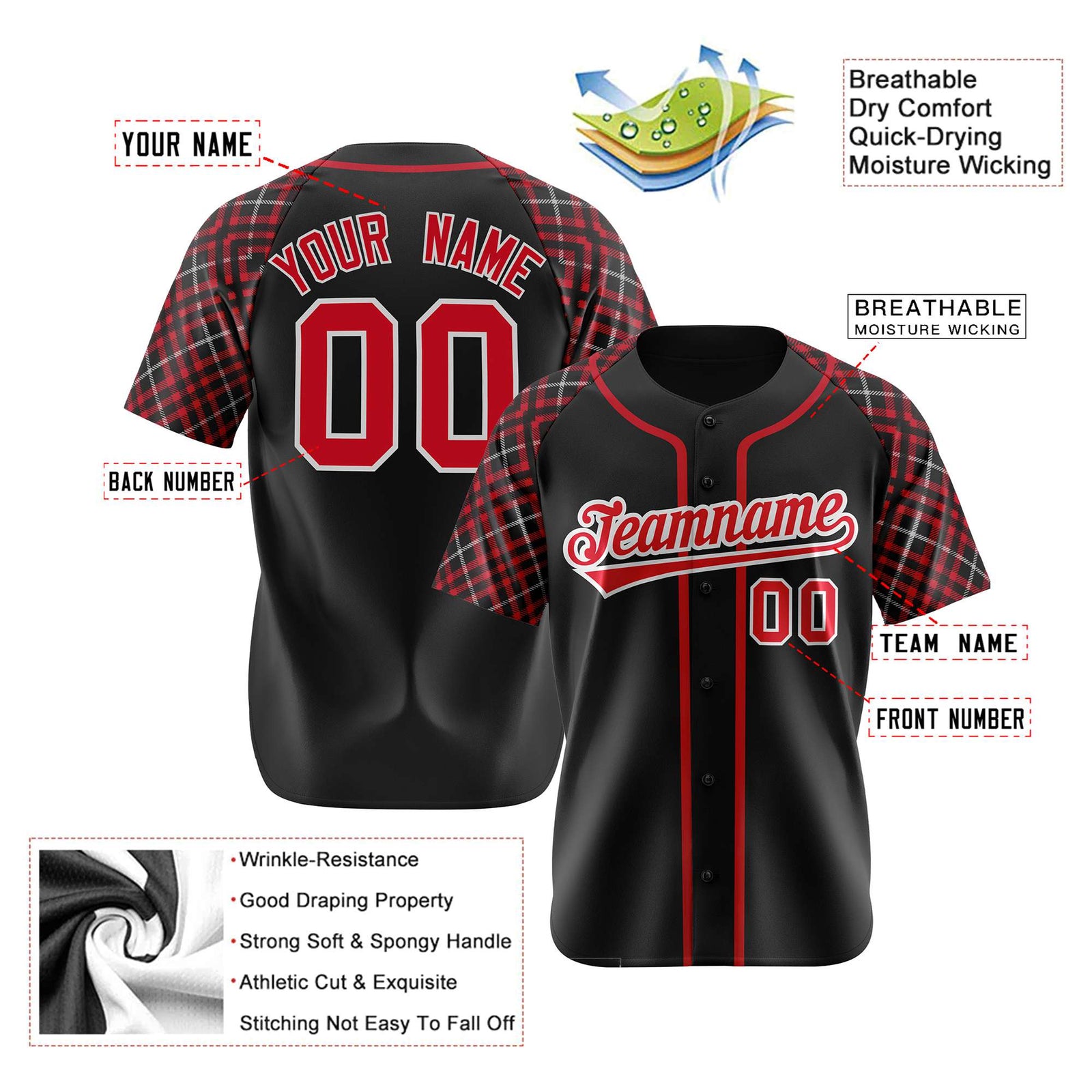 Custom Black Crimson-White Authentic Plaid sleeve Baseball Jersey