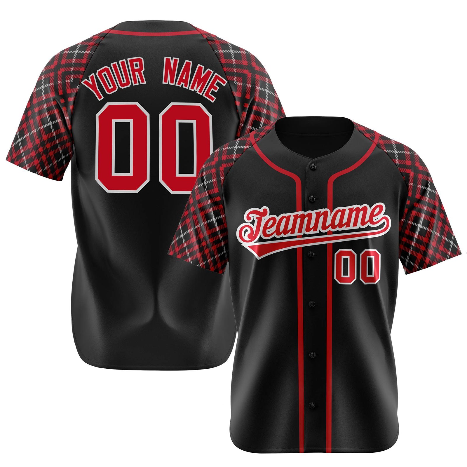 Custom Black Crimson-White Authentic Plaid sleeve Baseball Jersey